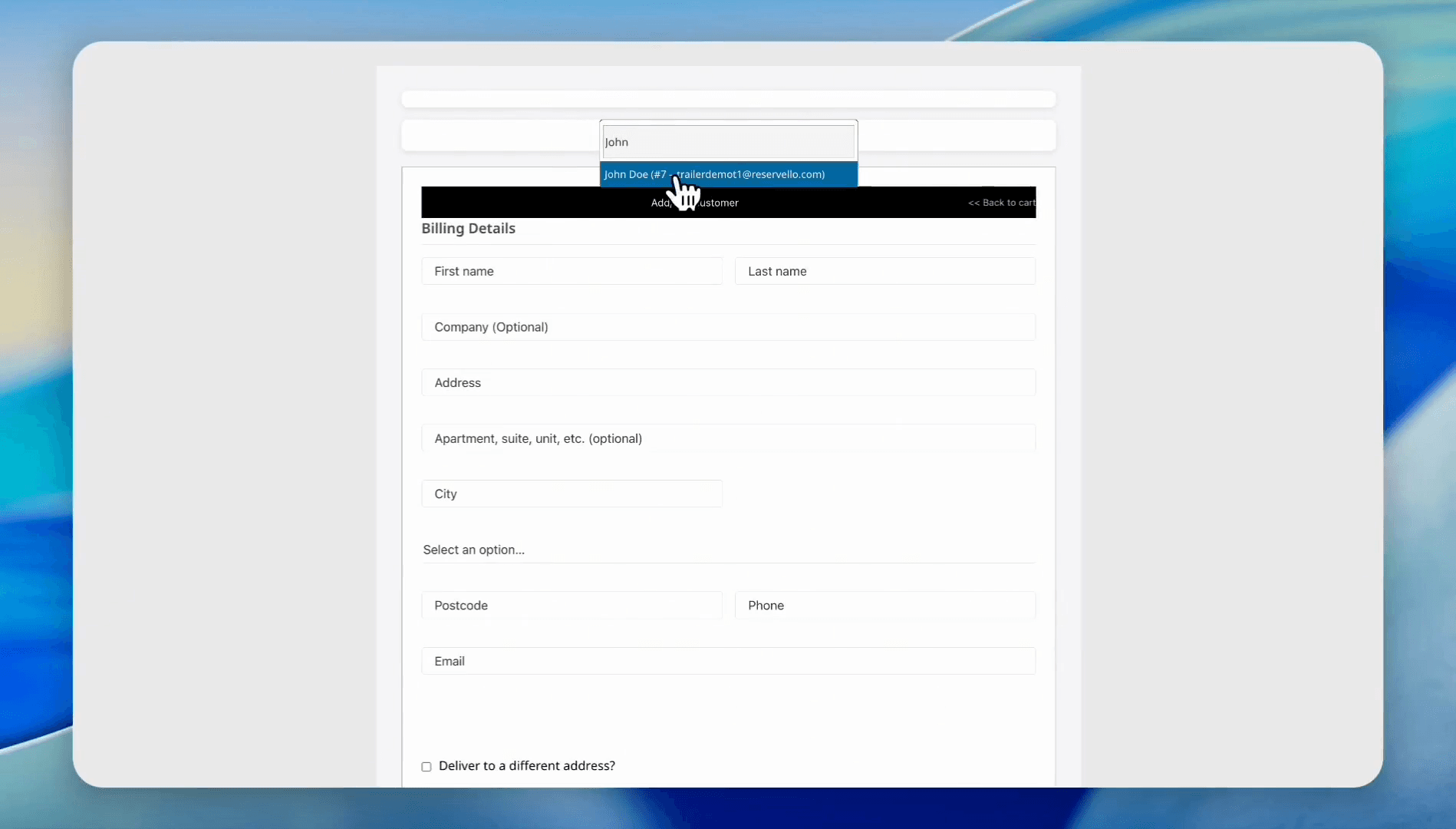 Step #56: Enter new customer information or find the existing customer. In this case, we will use an existing customer. Click on the John Doe customer record.