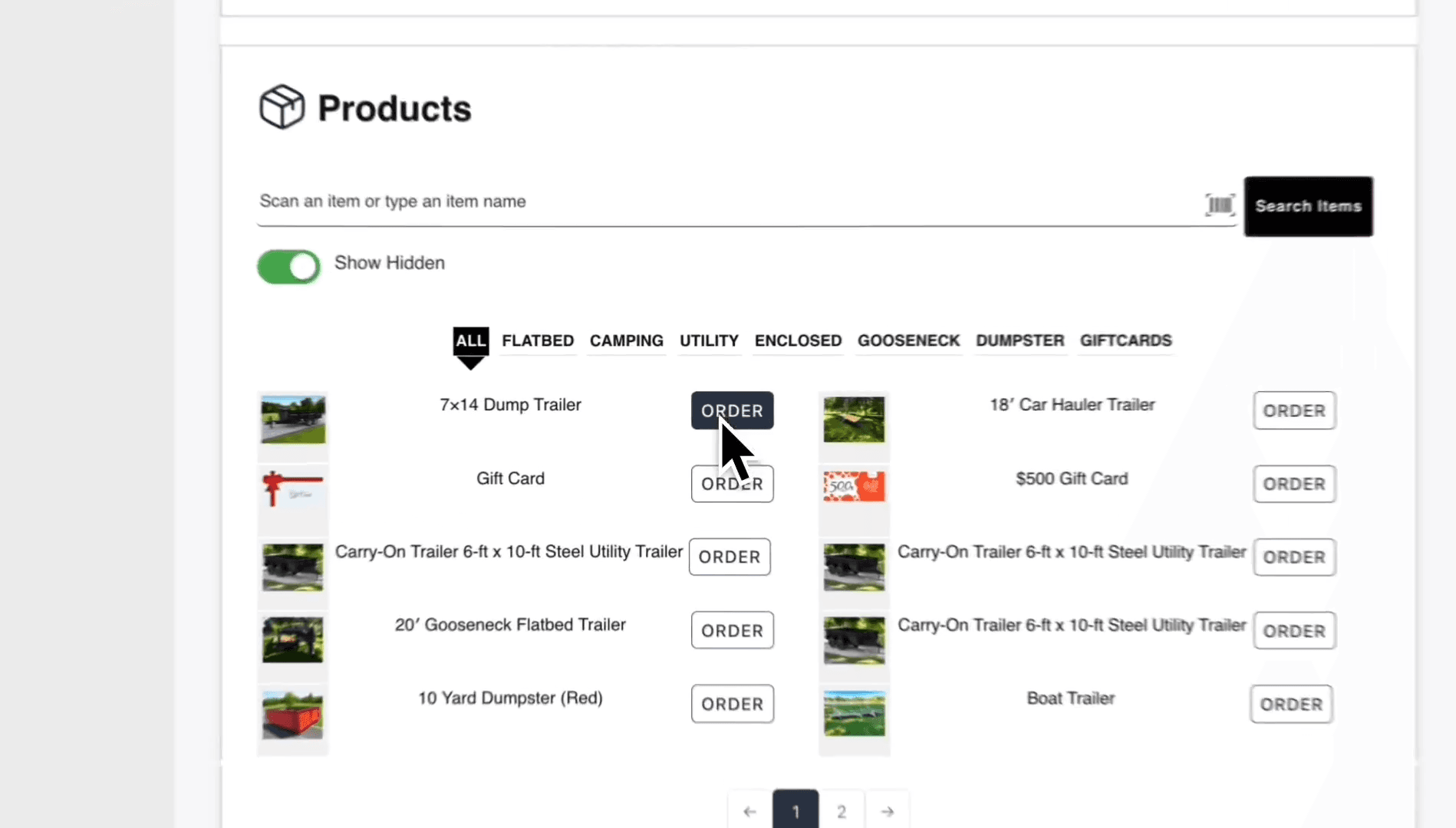 Step #58: Click the Order button for the product John wants. In this example, we used the 7x14 Dump Trailer.