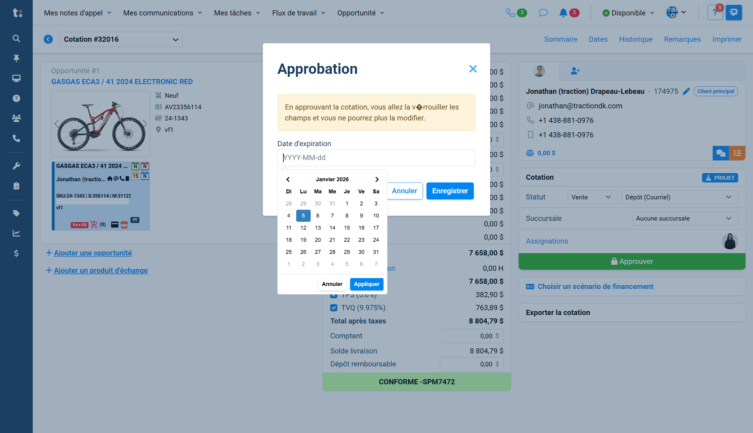 Step #5: En approuvant la cotation, elle sera automatiquement verrouillée et ses prix gelées
