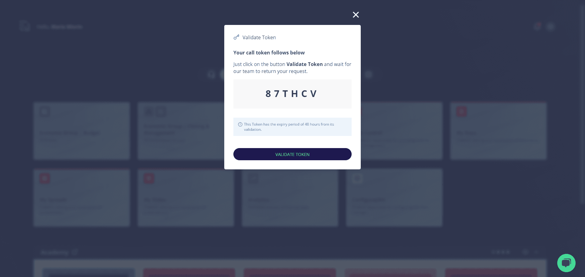Step #2: Em seguida, um modal com o código do token será liberado. Clique em "Validar Token" para que nosso time possa ter acesso ao seu contrato.