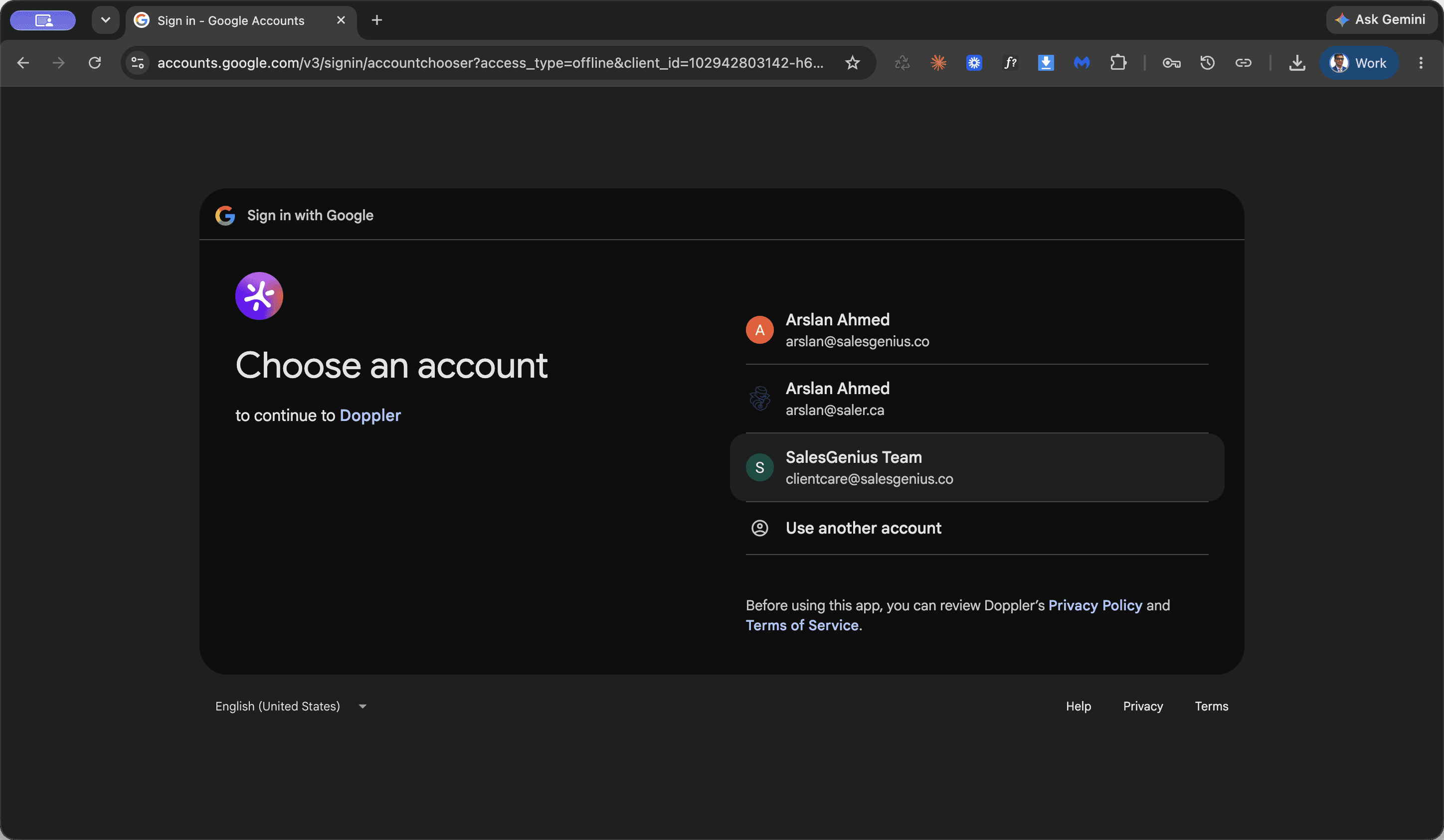Step #2: Click on clientcare@salesgenius.co in the Google account chooser.