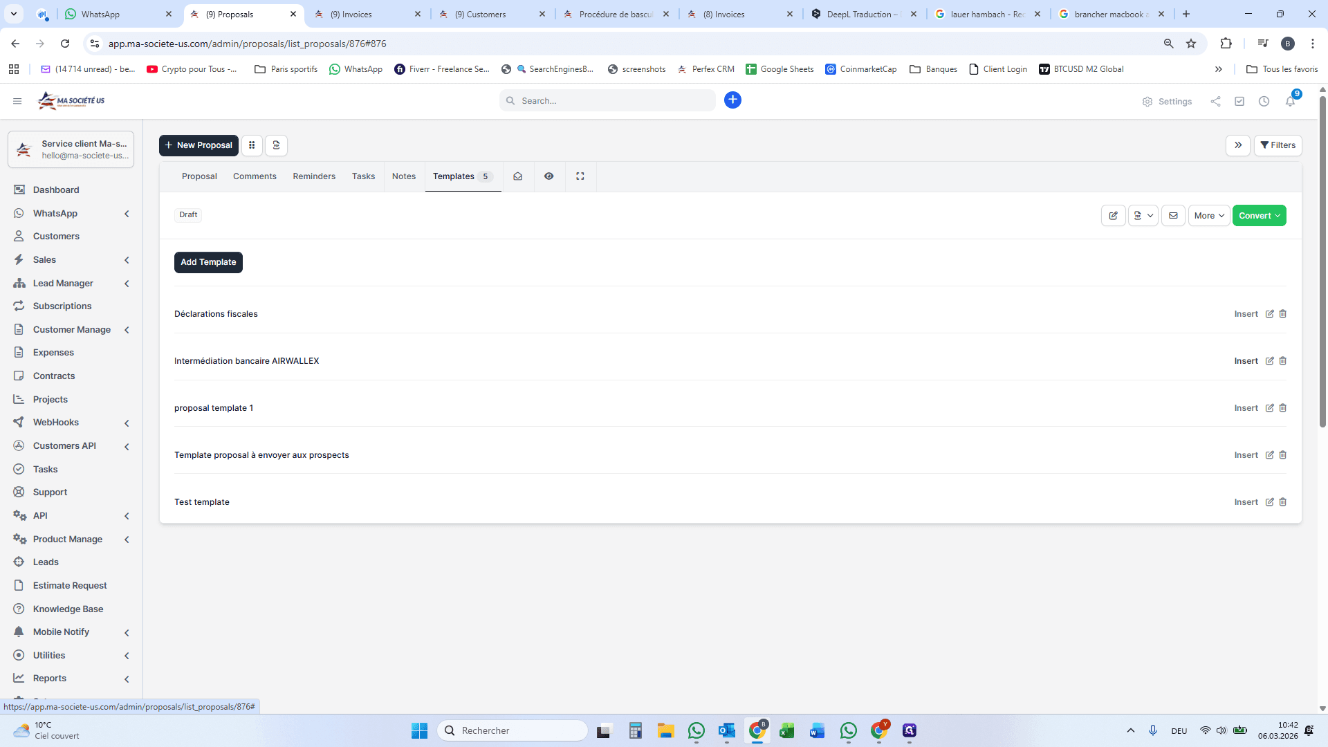 Step #18: Cliquez sur "Insert" pour insérer un Template à la proposition