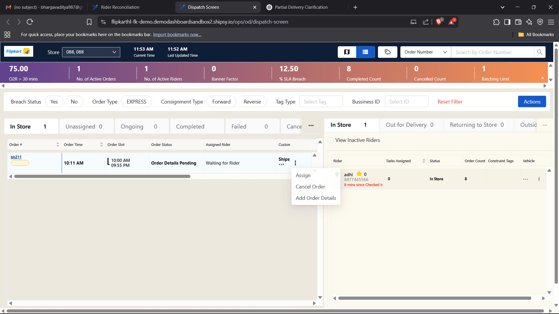 Step #1: once the order was placed by customer the order goes to the Dashboard.Here we assign the order to available rider.