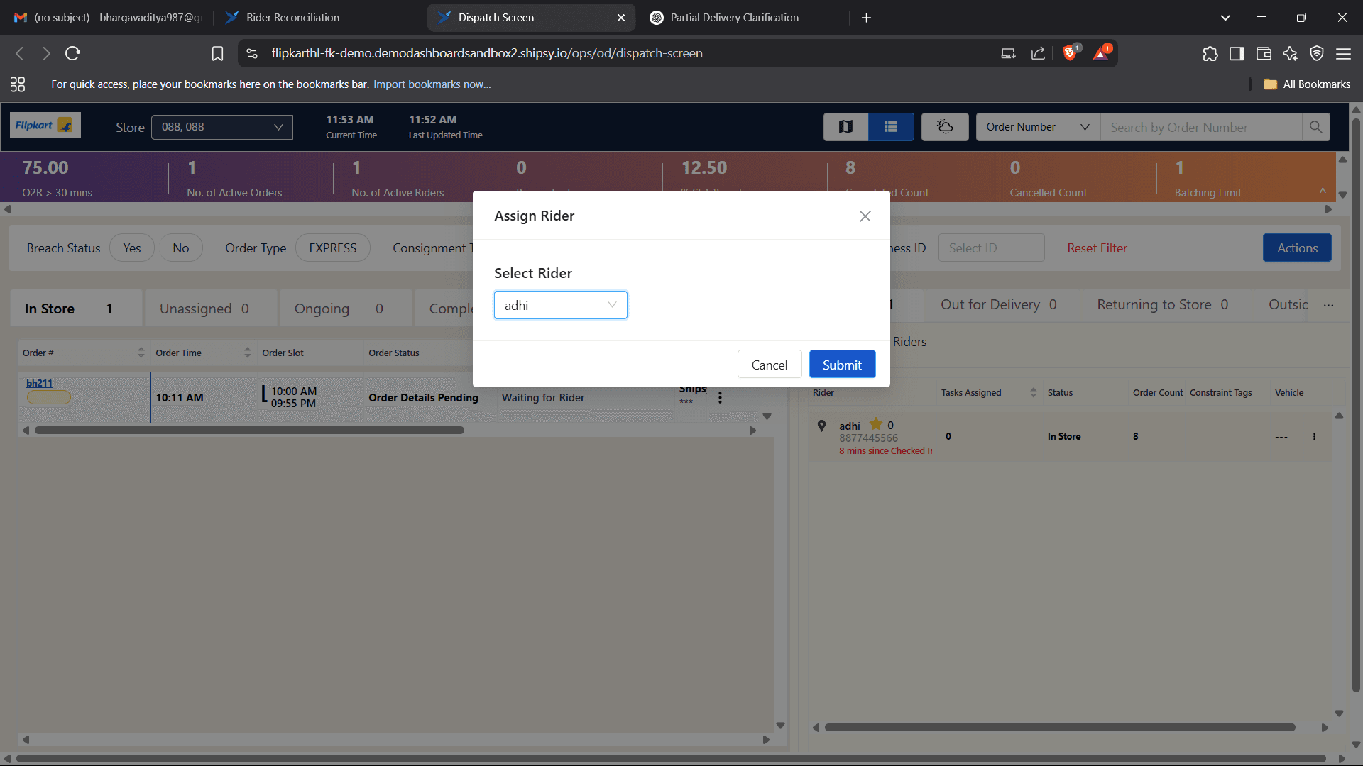 Step #4: The rider adhi is online,So we assign the order to him.