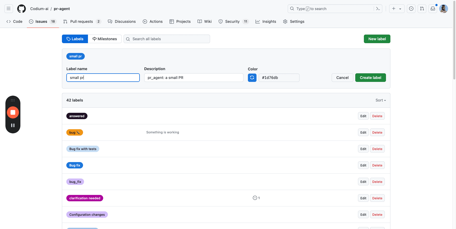 Step #4: enter a new label, and a give it also a prompt-like description, that starts with "pr_agent"