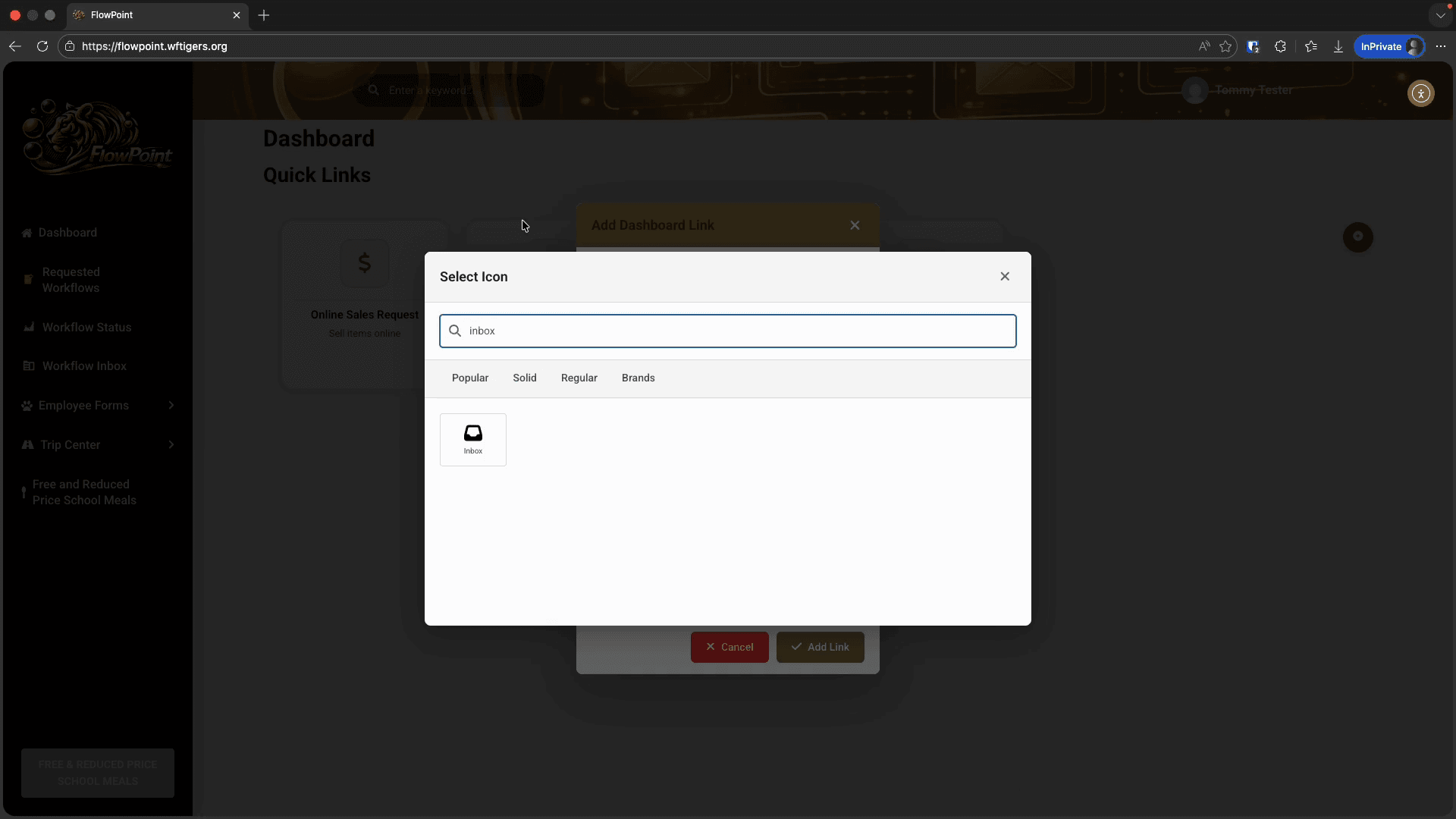 Step #3: I'll type "inbox" in the search box, then I'll click the icon, then close the pop up.