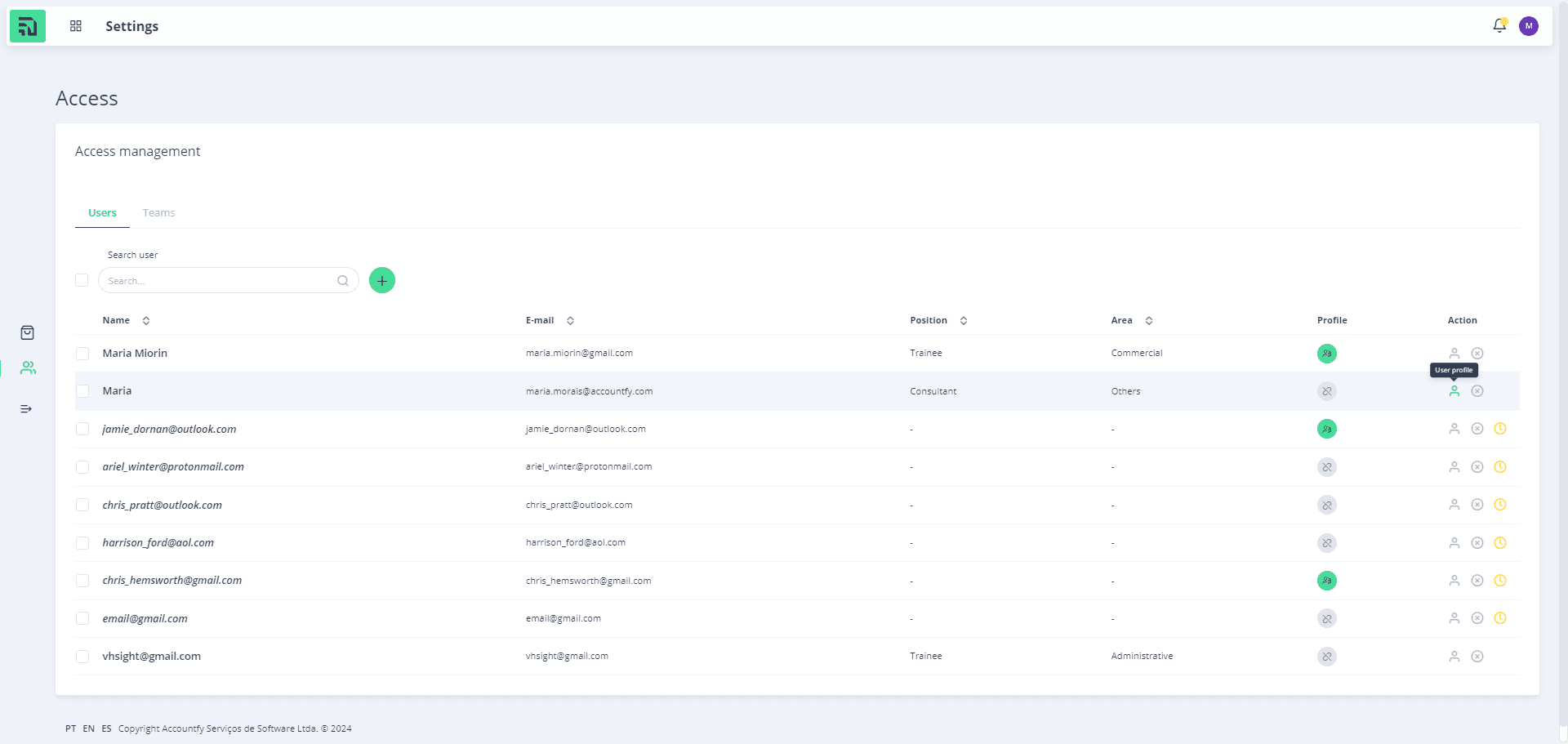 Step #1: Para editar as configurações de acesso do usuário, clique no ícone de Usuário para acessar a de "Perfil do usuário"