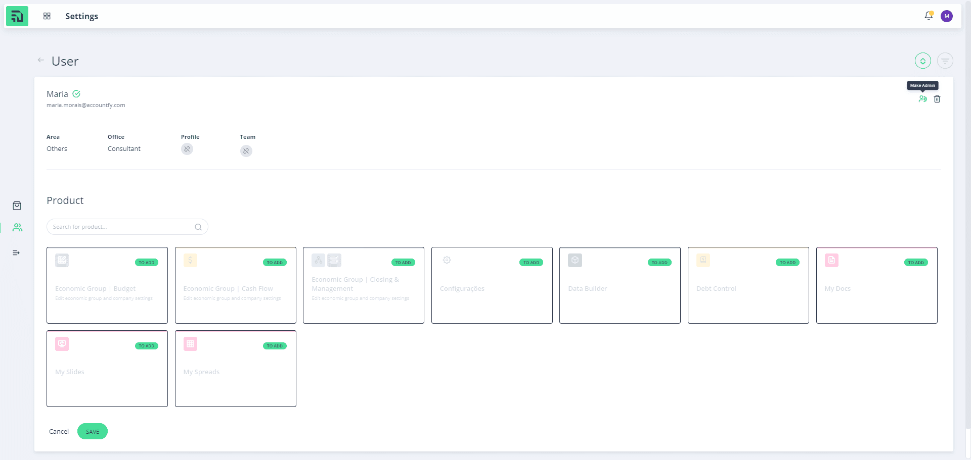 Step #2: Para tornar um usuário admin após o convite na plataforma, clique no ícone de Configurações do usuário na tela de perfil do usuário. Em seguida, salve a edição.