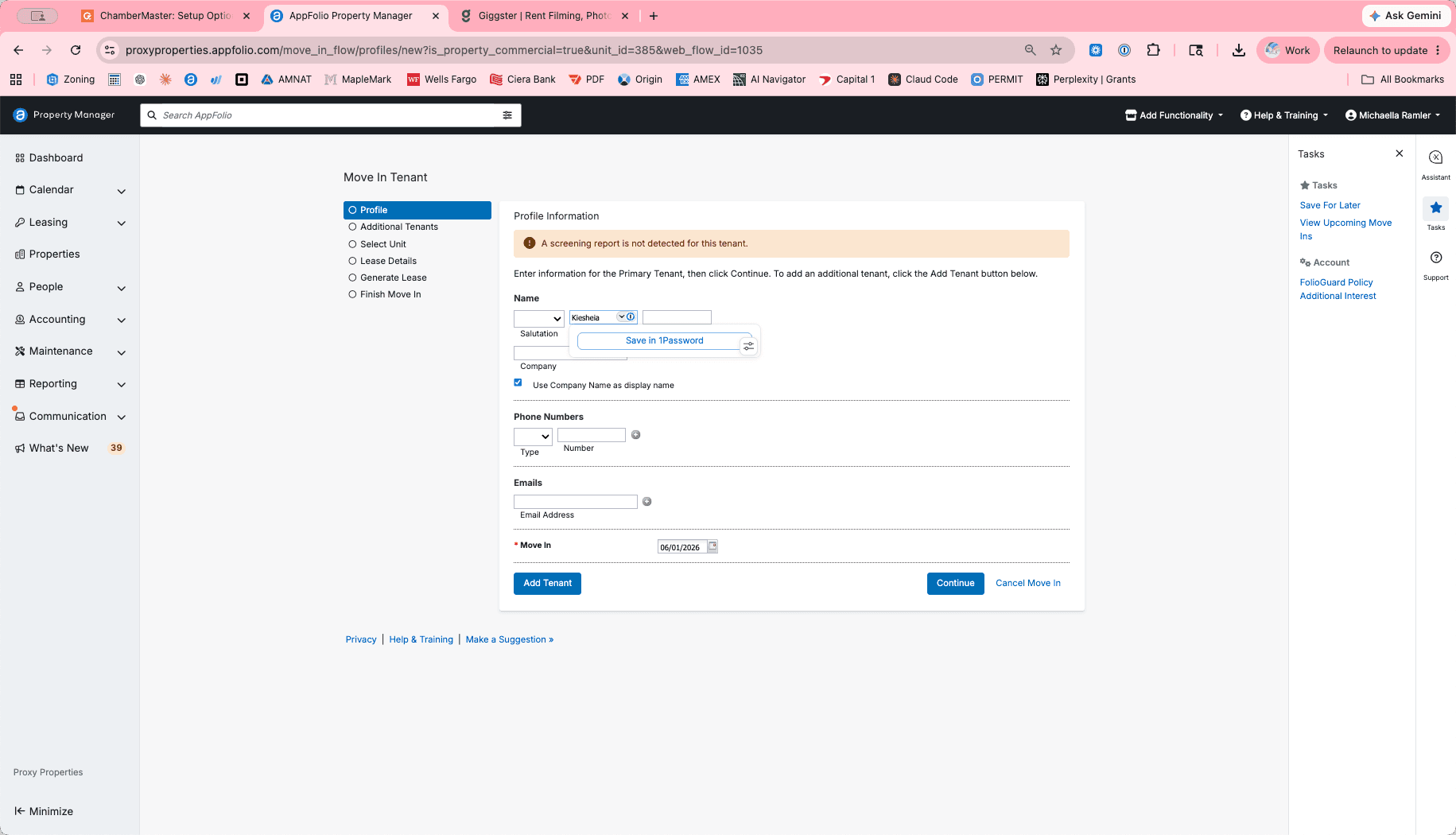 Step #3: Enter the primary tenant's name, email, phone number, and other basic contact details in the profile form.