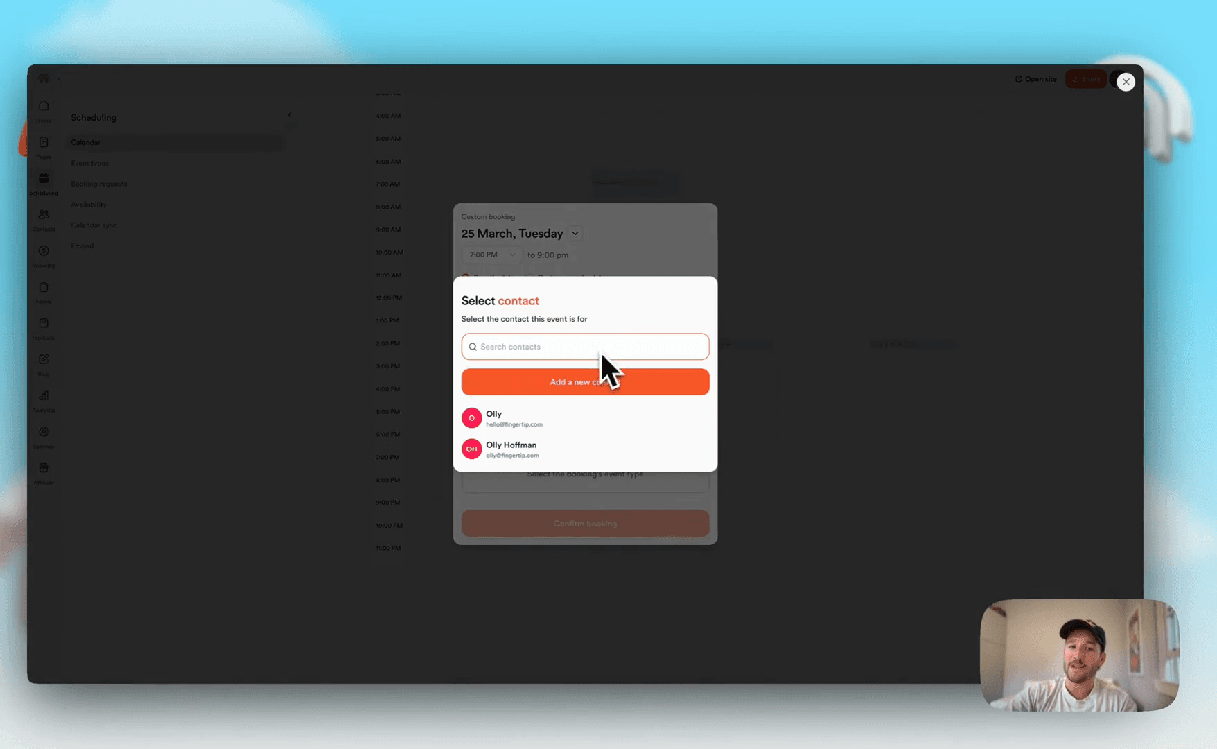 Step #66: In the 'Custom booking' pop-up, under 'Select contact', click to choose a contact from the list (e.g., 'Oliy').
