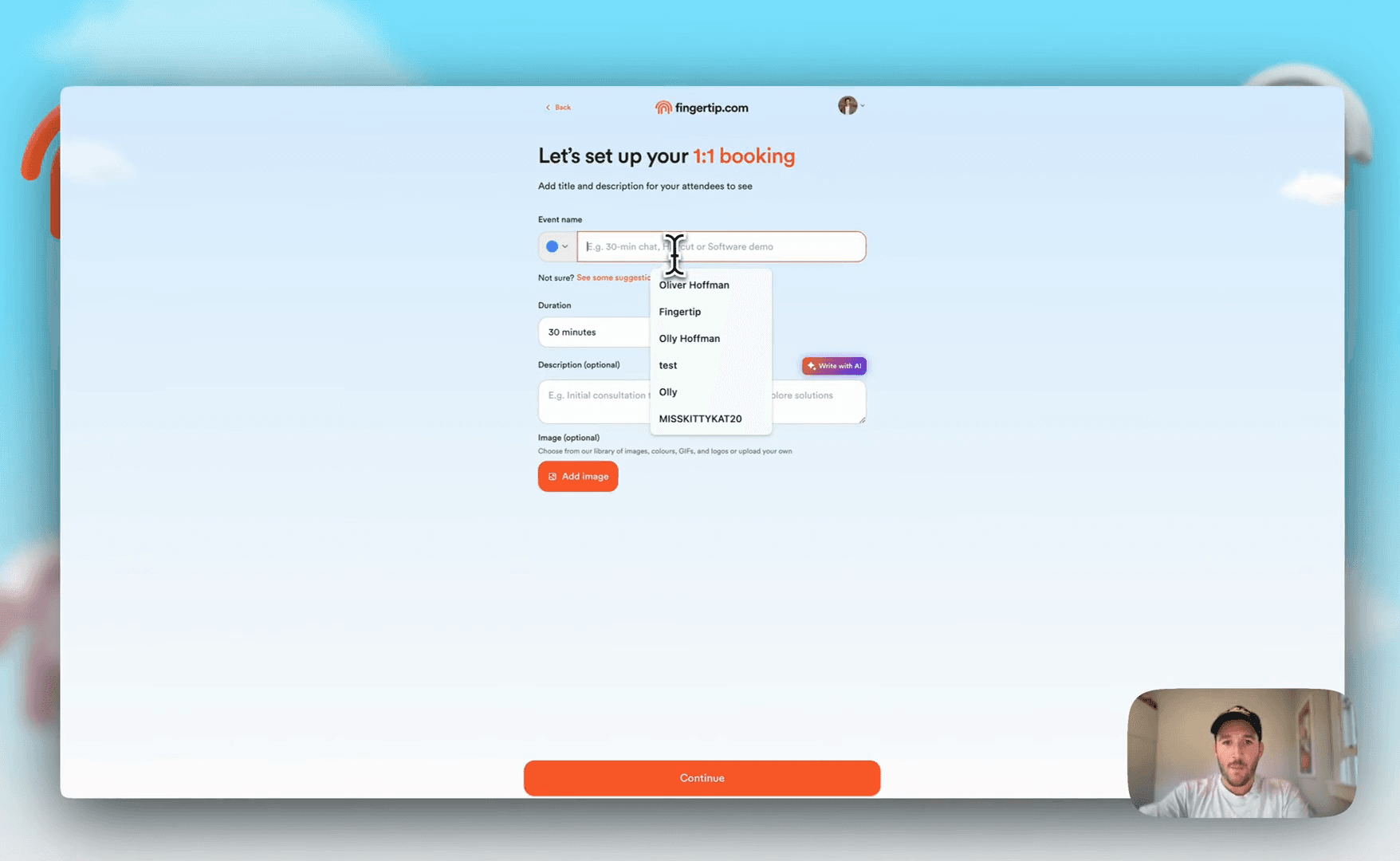 Step #21: On the 'Let's set up your 1:1 booking' page, click in the 'Event name' field.