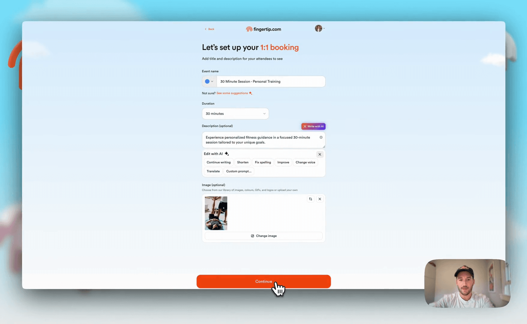 Step #31: Click the "Continue" button on the "Let's set up your 1:1 booking" page.