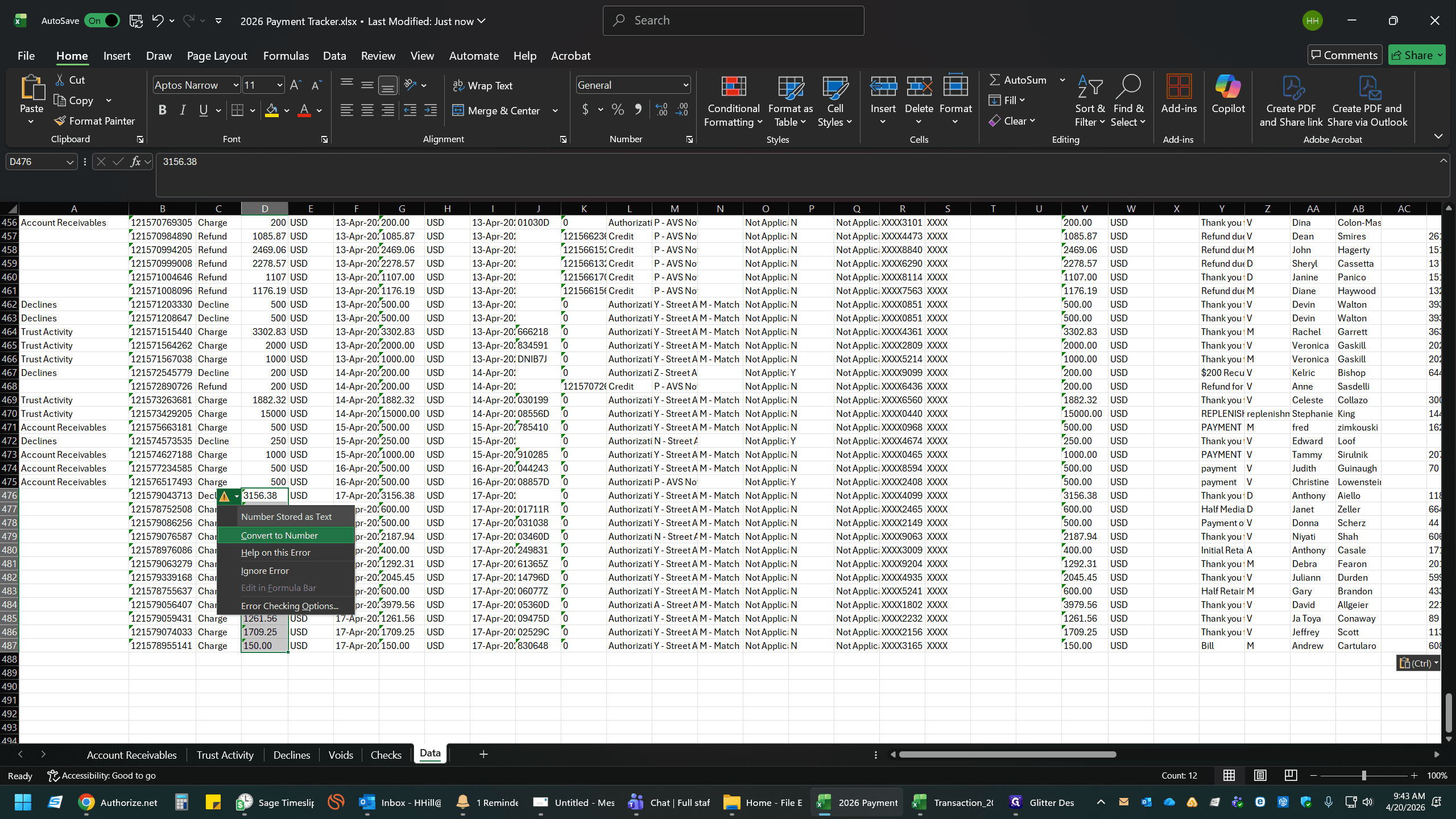 Step #10: If you see a green error indicator indicating a number stored as text, click the yellow warning icon and select Convert to Number.