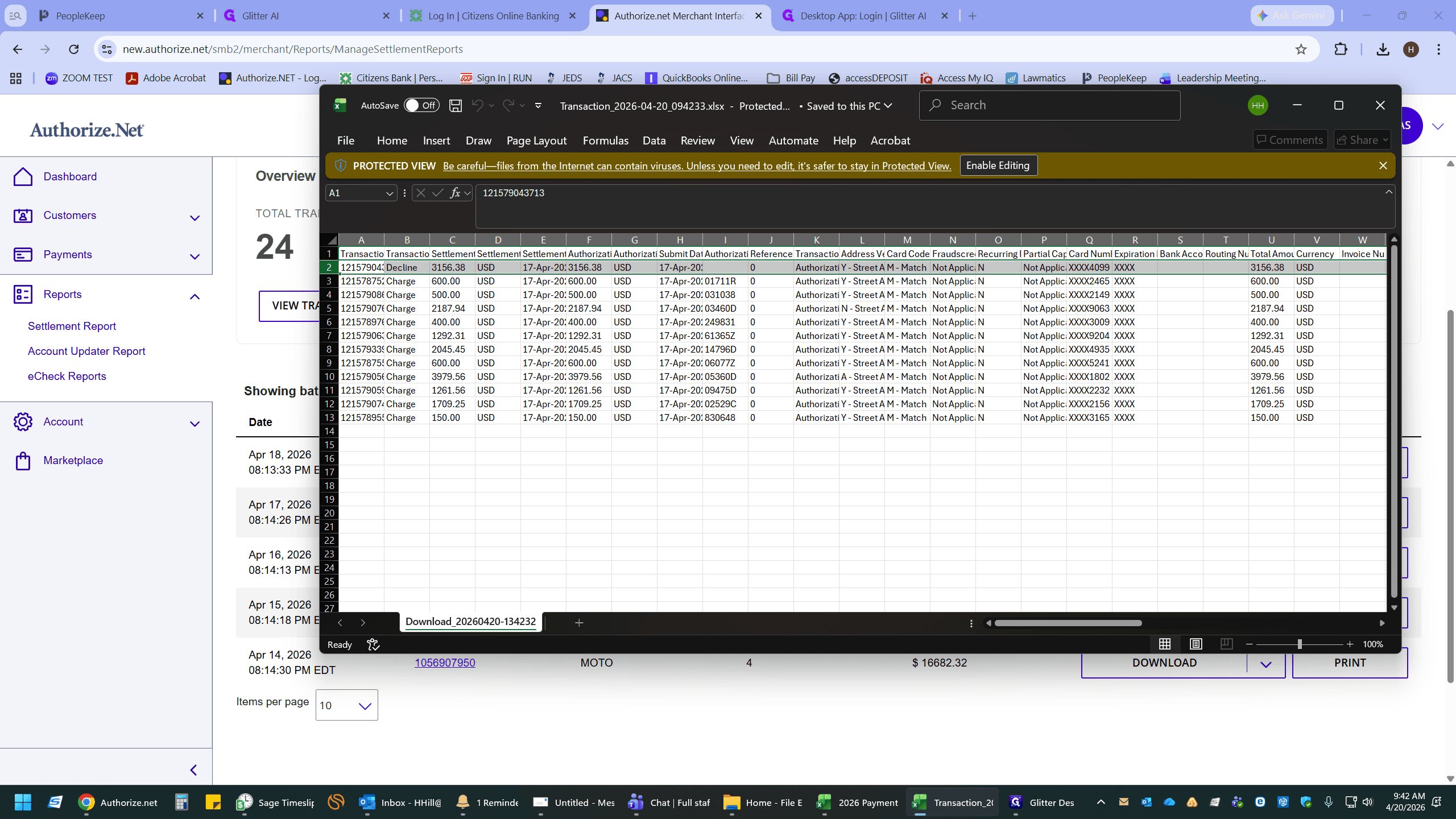 Step #6: If prompted by Excel's Protected View, ignore Enable Editing at the top of the spreadsheet. Highlight the relevant transaction data (such as transaction IDs and amounts) and press Ctrl + C to copy.