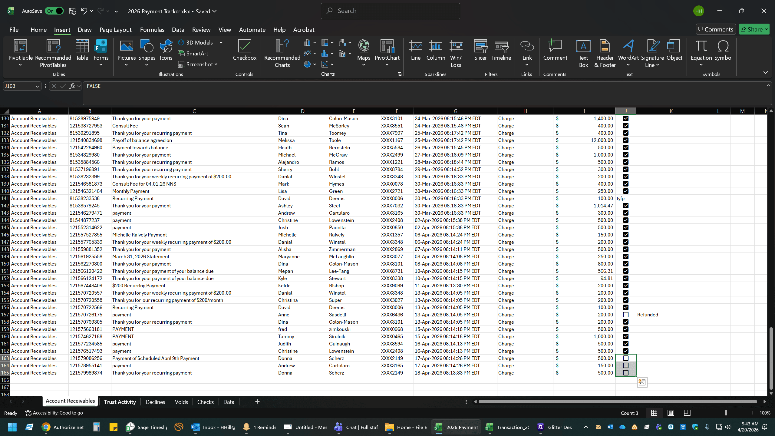 Step #16: Return to your Payment Tracker spreadsheet and open the Trust Activity tab (or wherever you reconcile individual payments to lump sums).