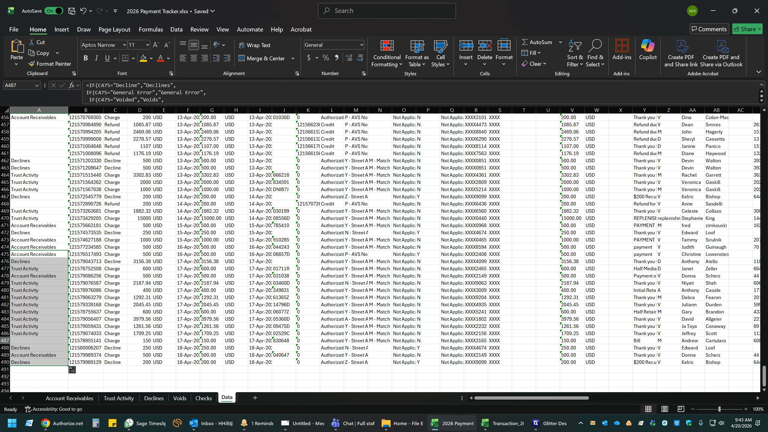Step #11: Click and drag the formula in Column A to populate categories. If blank, like in Row 487 below, update the corresponding cell in Column X to populate (use payment if Accounts Receivable or replenishment if Trust Activity).