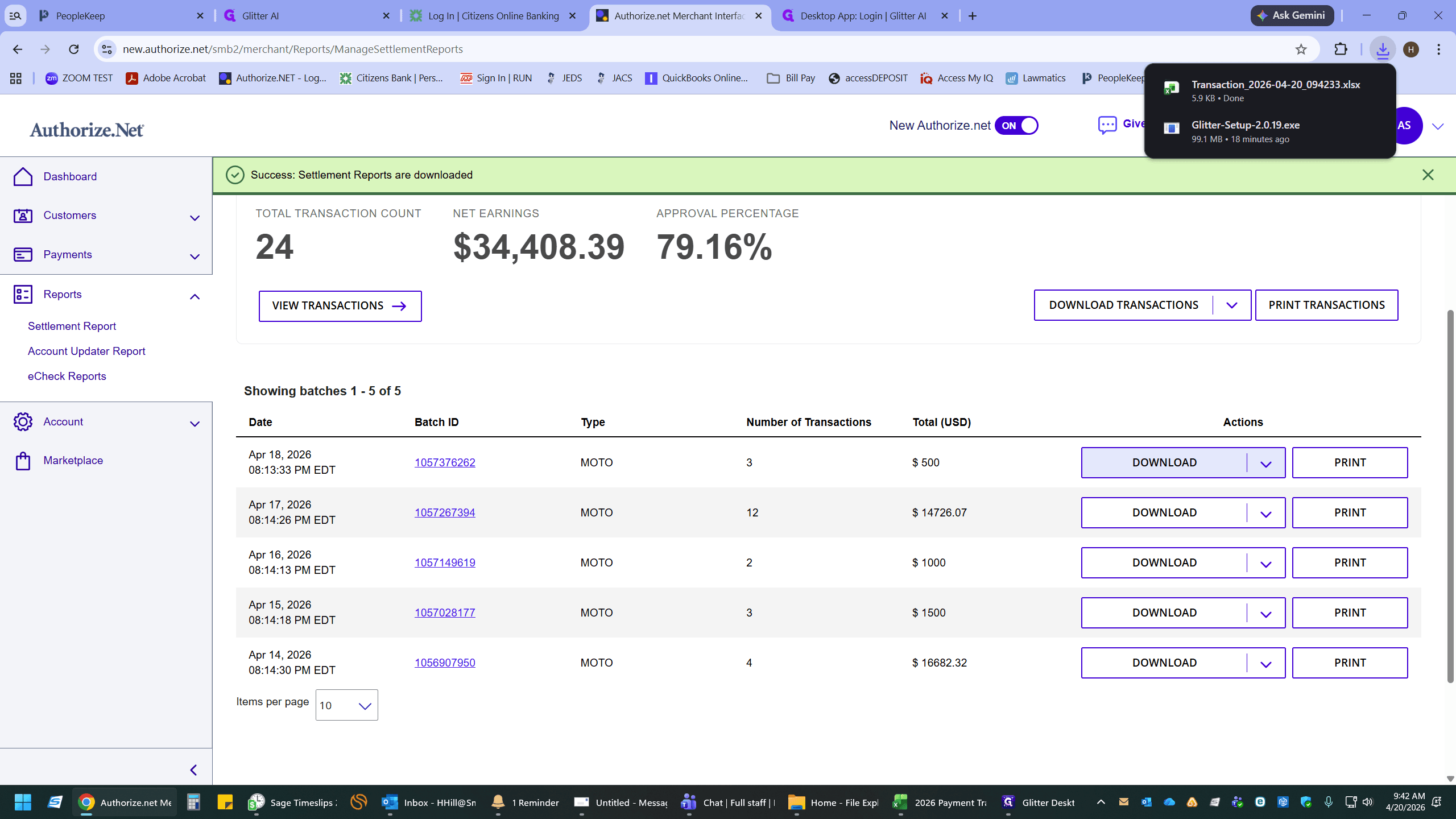 Step #3: Locate the recent transaction batch you want to reconcile and click the DOWNLOAD button.