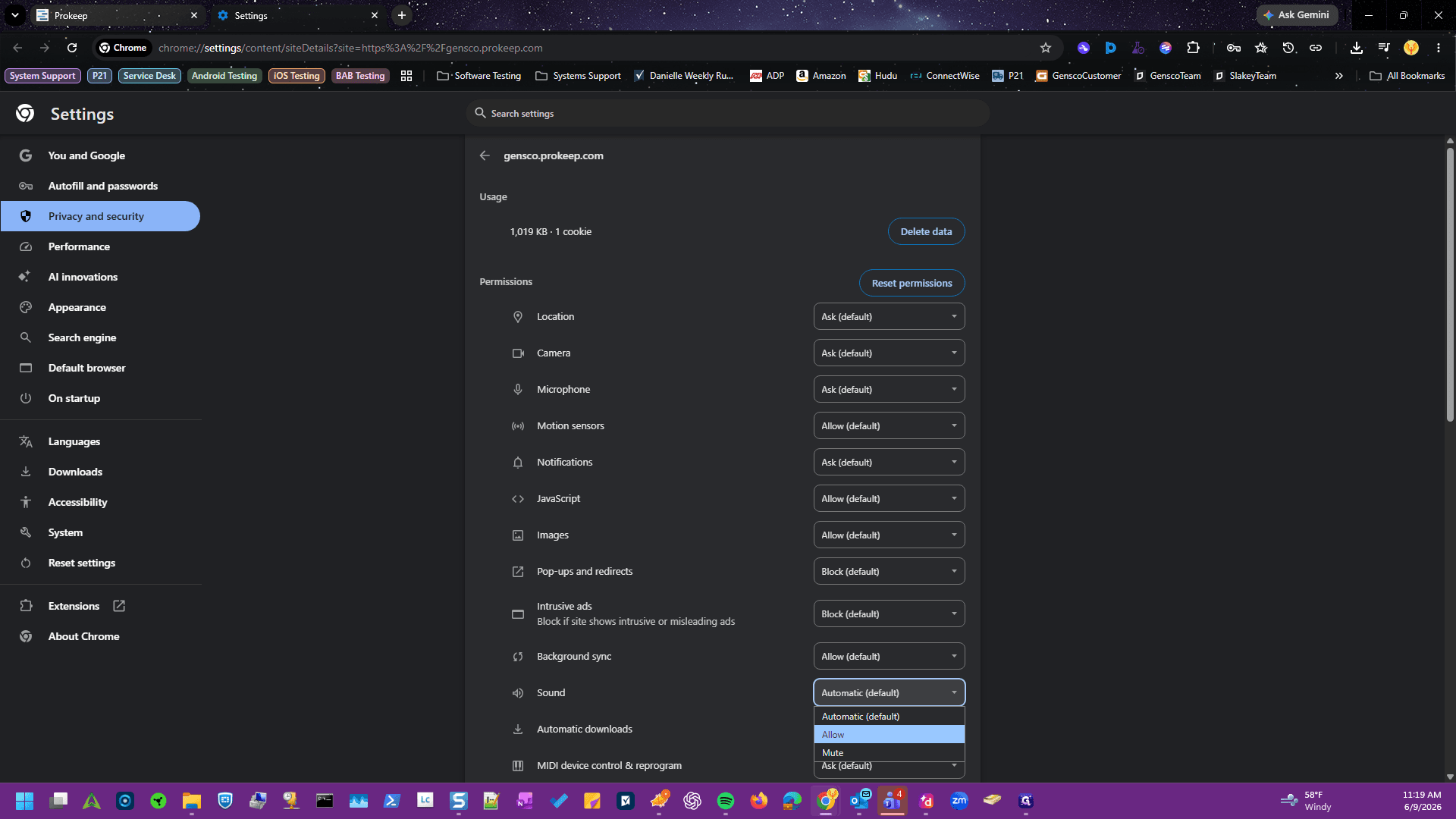 Step #7: Open Site settings and manually update the permissions according to the table below for both sound and visual notifications.