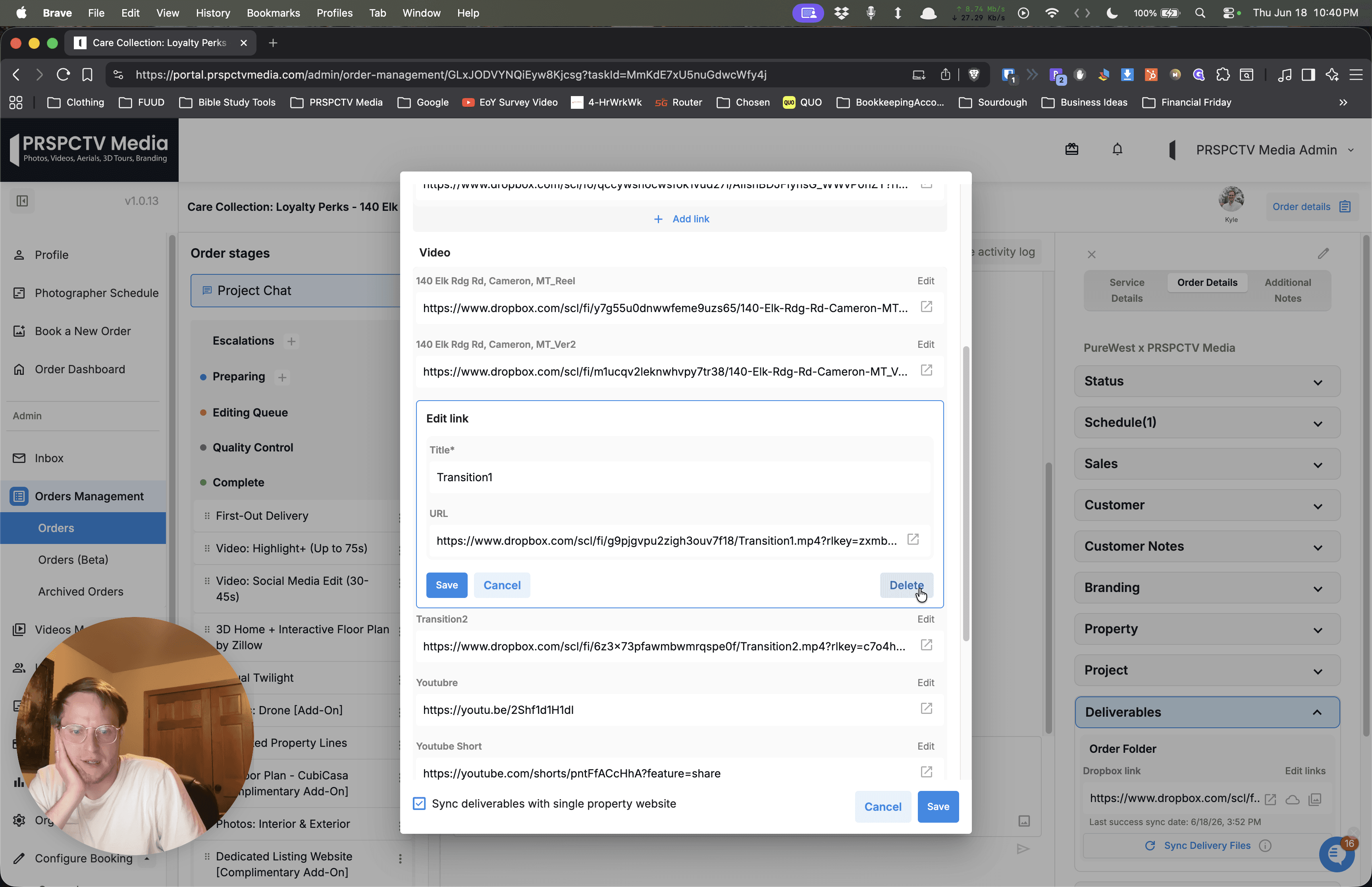 Step #3: Click Delete to remove the link from the project.