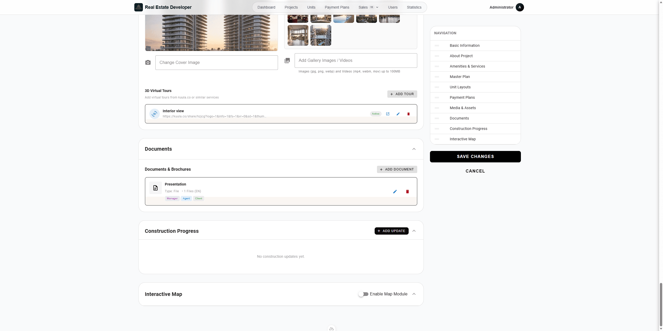 Step #108: Navigate to the construction progress section and click + Add Update.