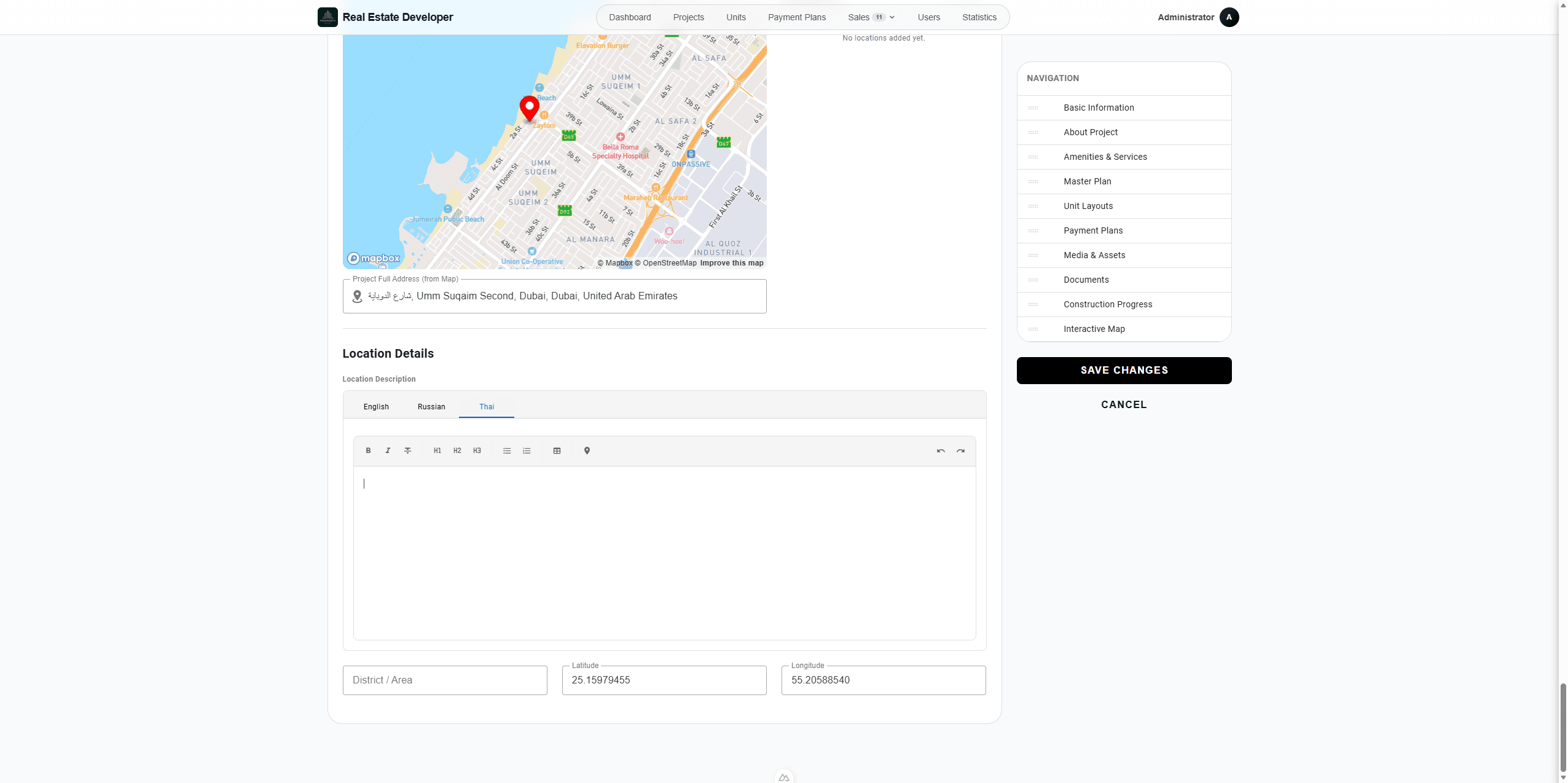 Step #178: Use the rich-text editor at the bottom of the map settings to add detailed, multi-language descriptions of the project's overall neighborhood.