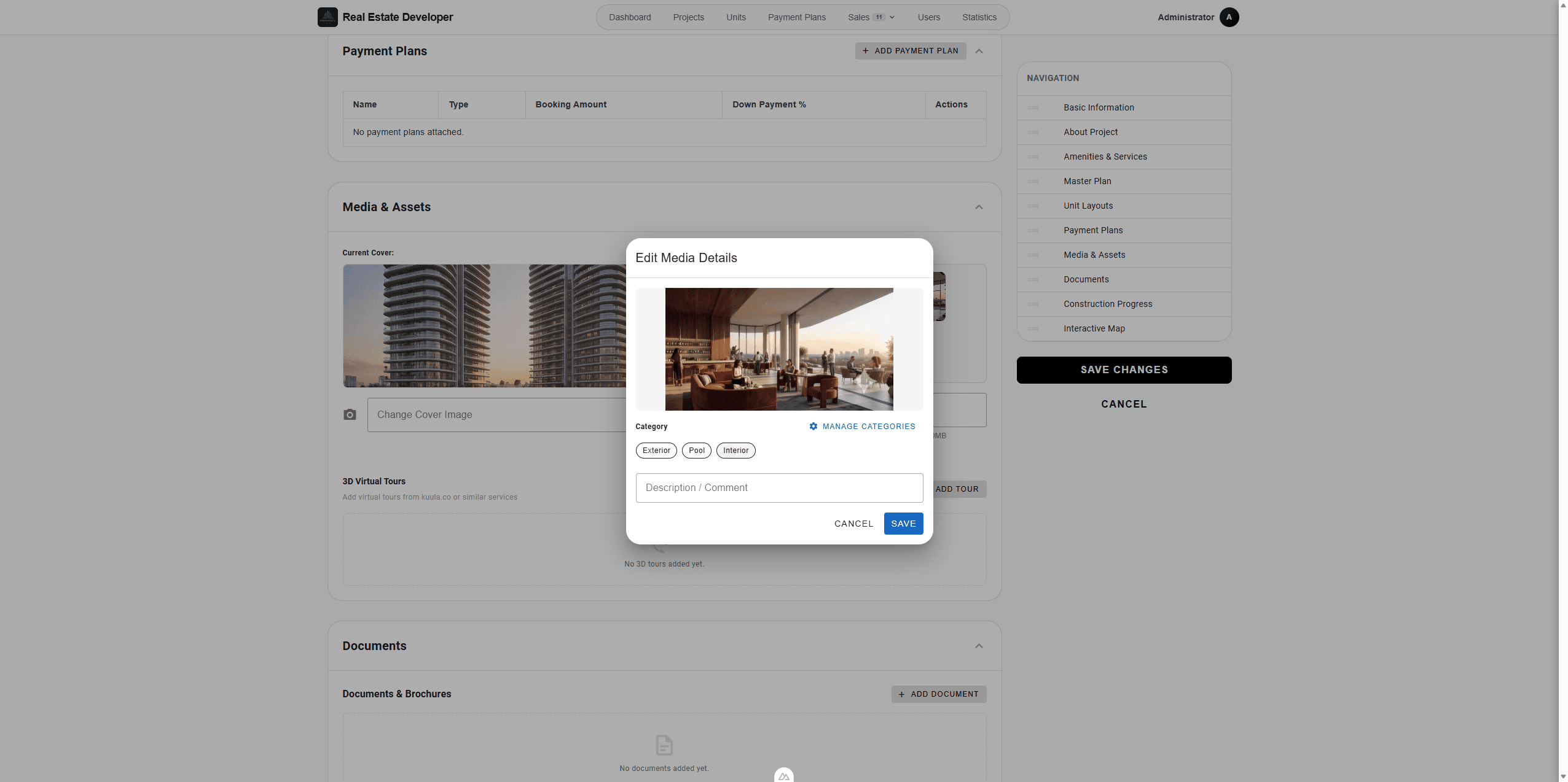 Step #43: To assign a category, click on a gallery image to open its details, select a radio button (such as Interior), and click Save.