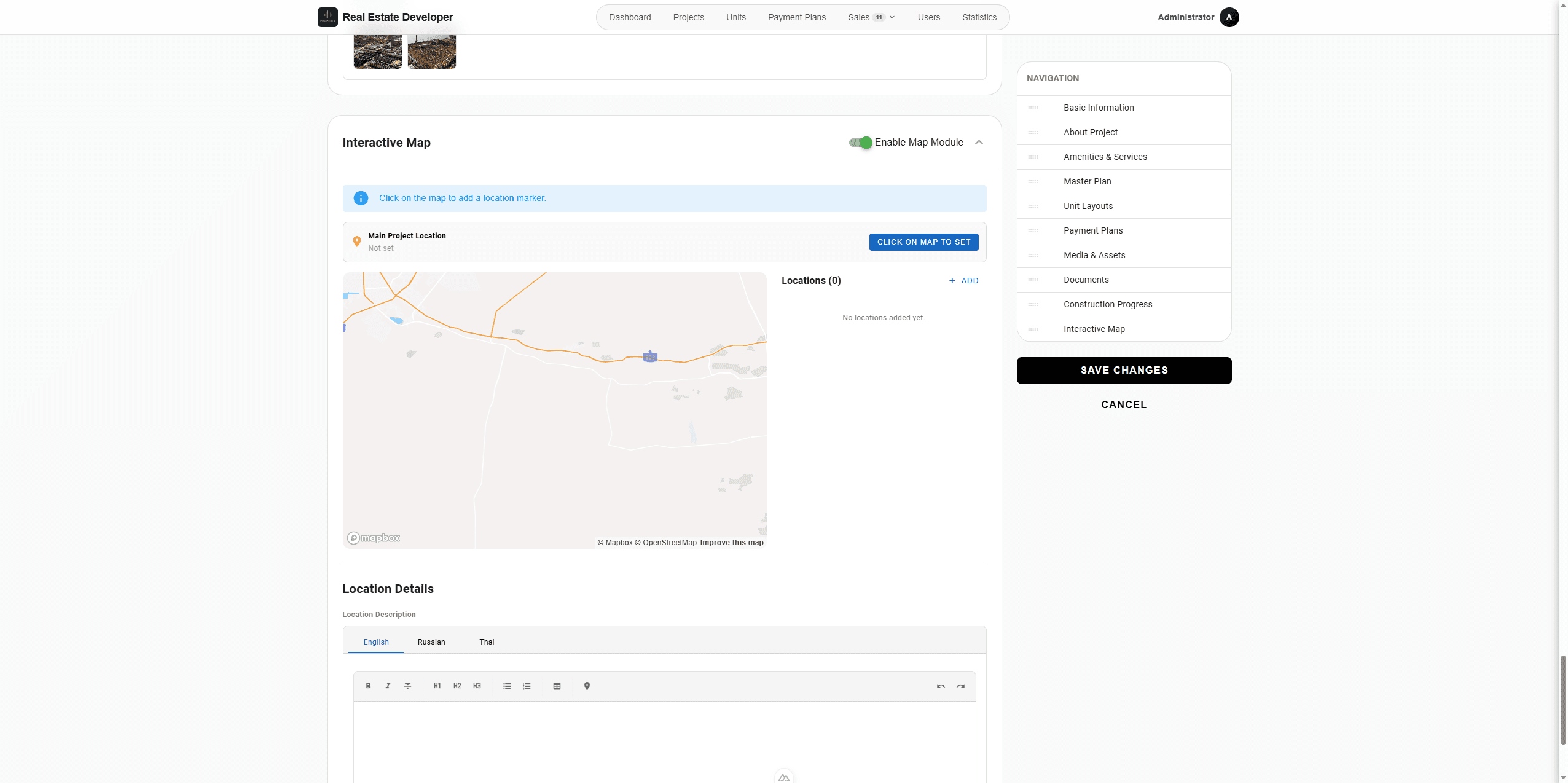 Step #128: Click anywhere on the map to pin your main project coordinates.