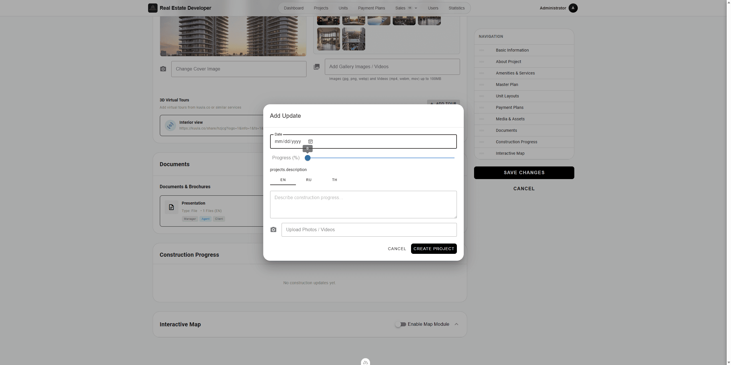 Step #110: Select the report date and adjust the progress percentage slider.