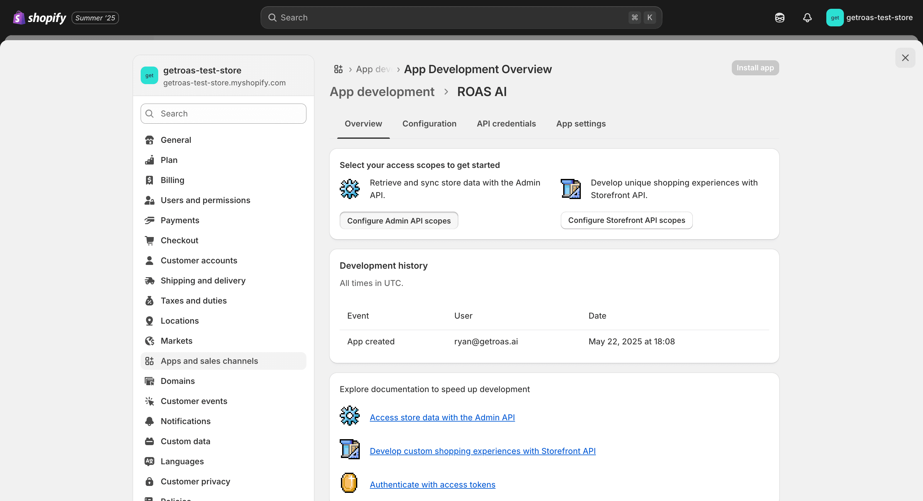 Step #7: Click on "Configure Admin API scopes"