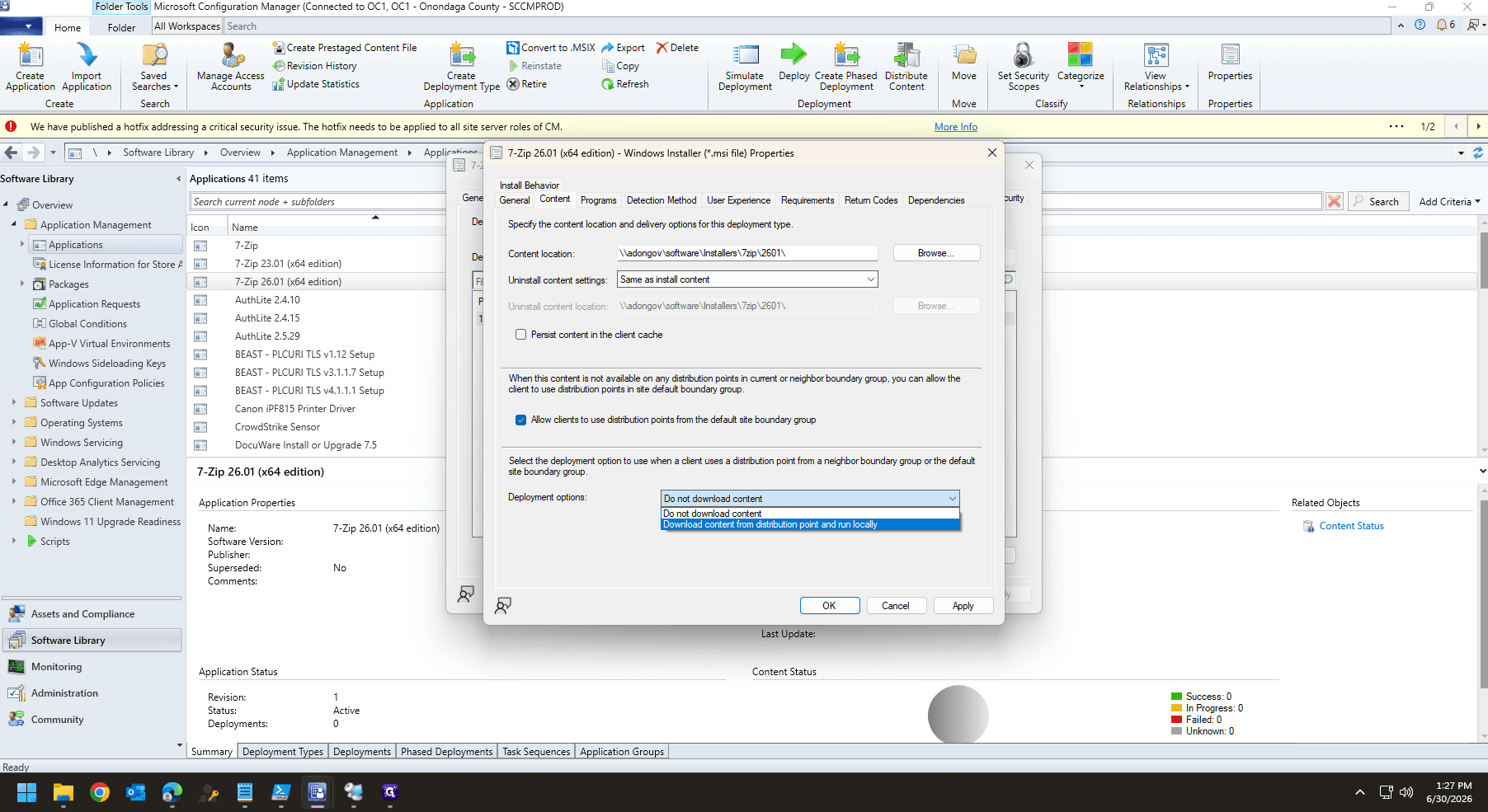 Step #17: Open the Deployment options dropdown menu and select Download content from distribution point and run locally.