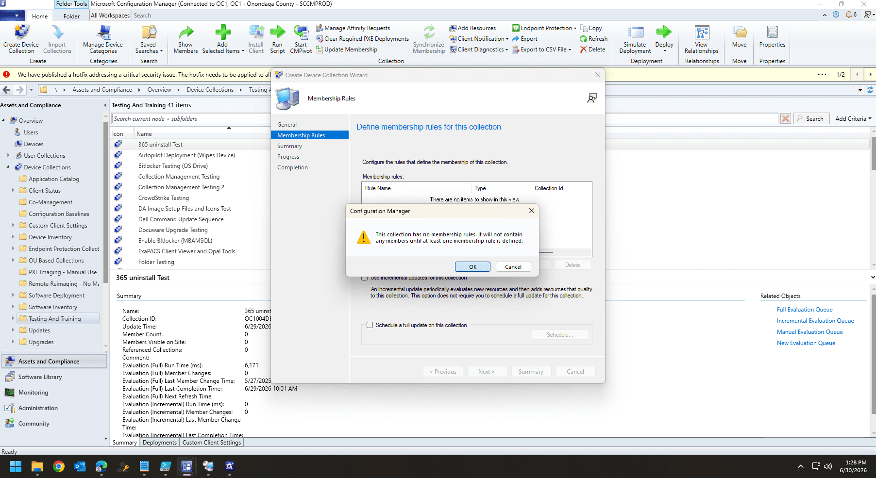 Step #35: A warning dialog will appear stating the collection has no rules. Click OK to acknowledge.