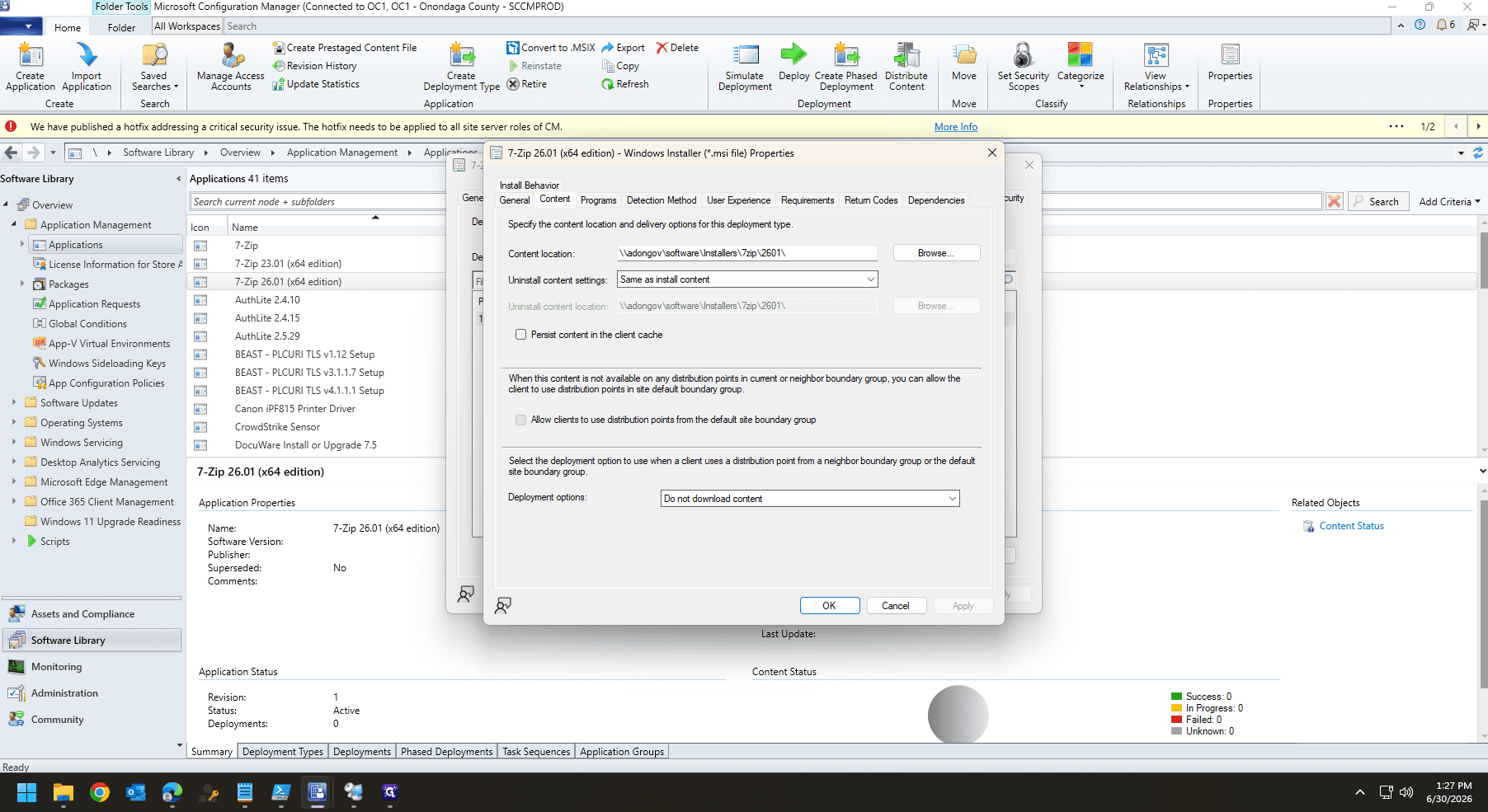 Step #16: In the deployment type properties window, click on the Content tab. Check the box for Allow clients to use distribution points from the default site boundary group.