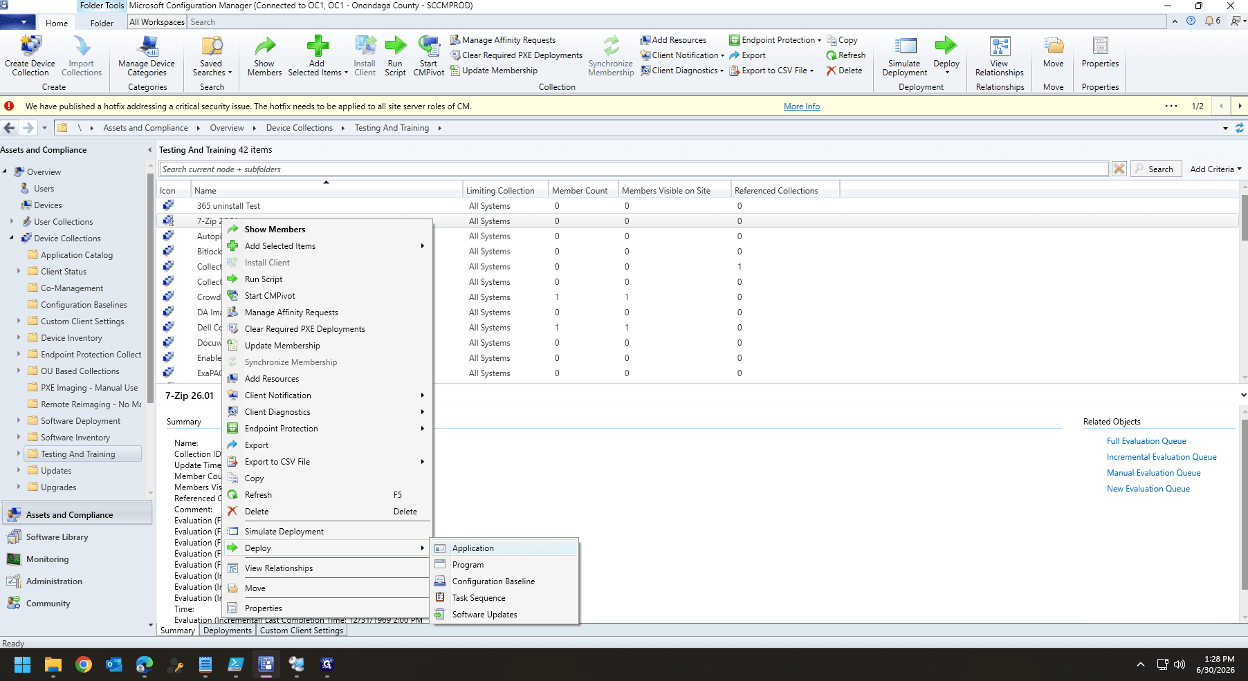 Step #38: Right-click your newly created device collection, hover over Deploy, and select Application.