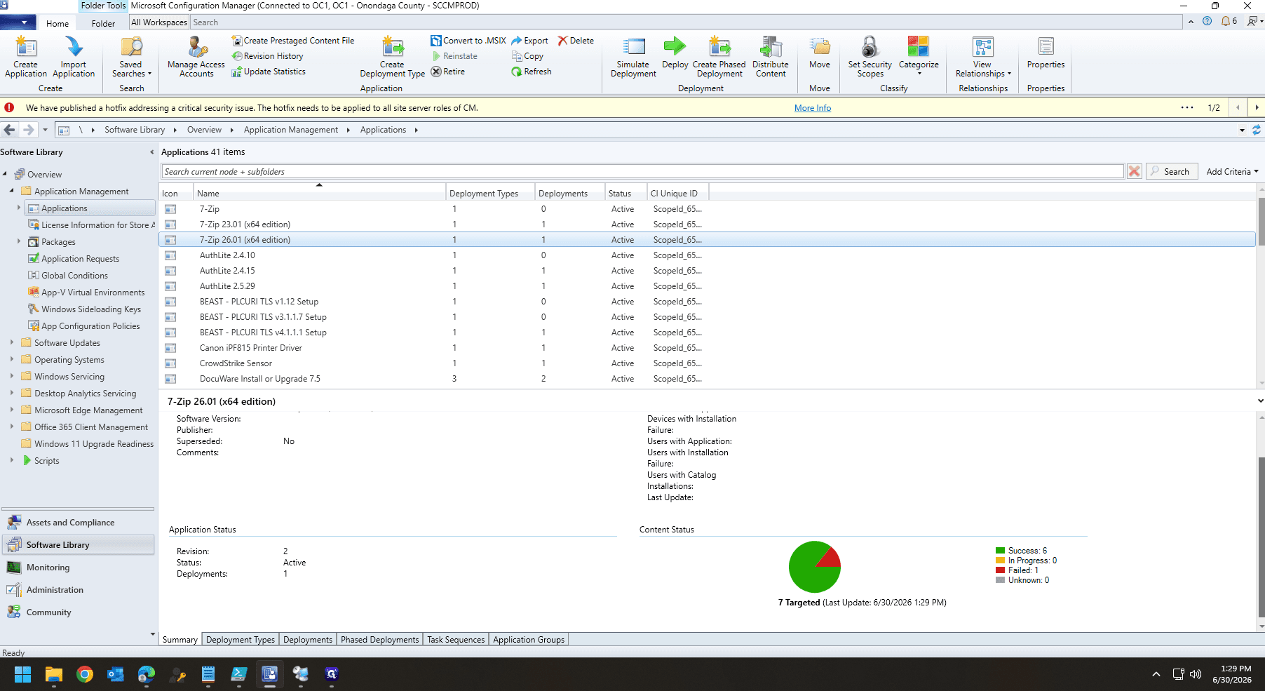 Step #50: Return to the Software Library to view the application and monitor its deployment statistics in the bottom summary pane. In most cases you can begin testing after you see success for 2, which will always include the primary site.