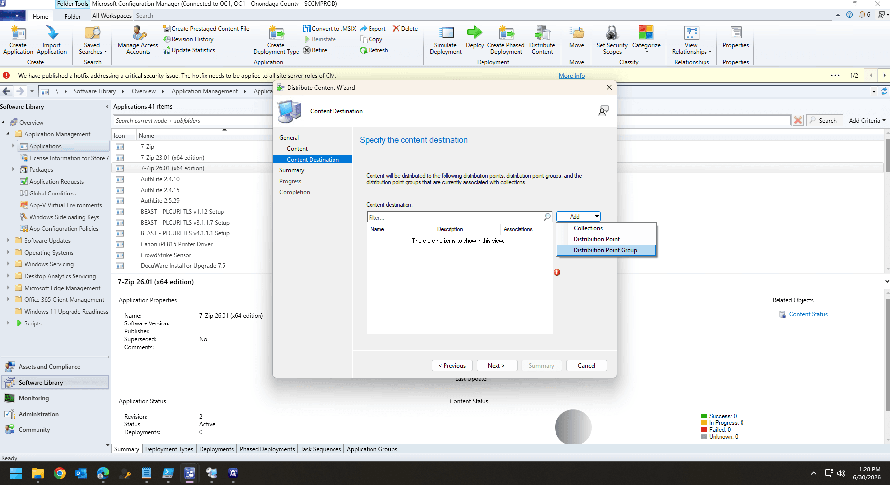Step #23: On the Content Destination page, click Add and choose Distribution Point.