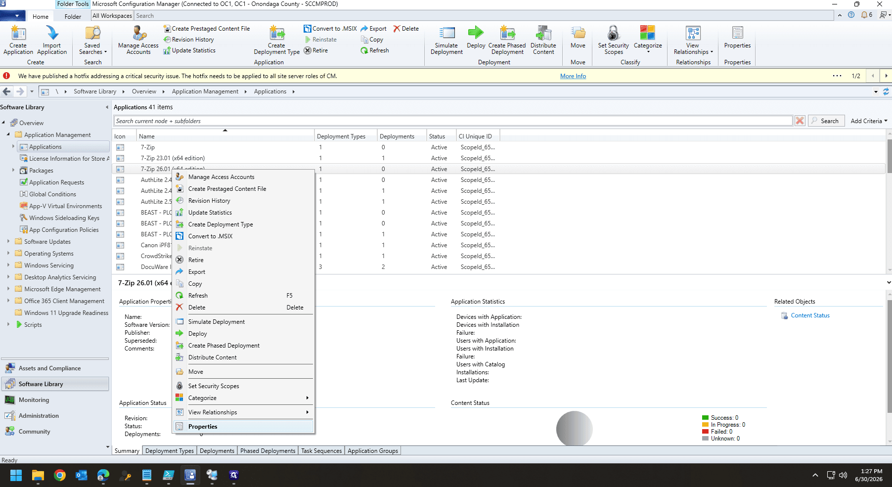 Step #13: Right-click the newly created application from the center list and select Properties.