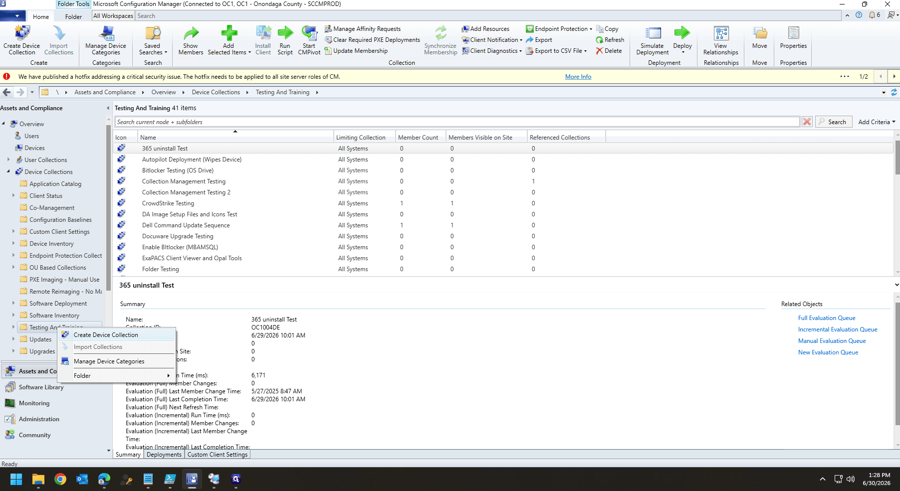 Step #30: Expand Device Collections, right-click your desired organizational folder, and select Create Device Collection. When creating a new application it's best to begin in the Testing and Training folder, so avoid confusion over tested applications. This will be moved later.