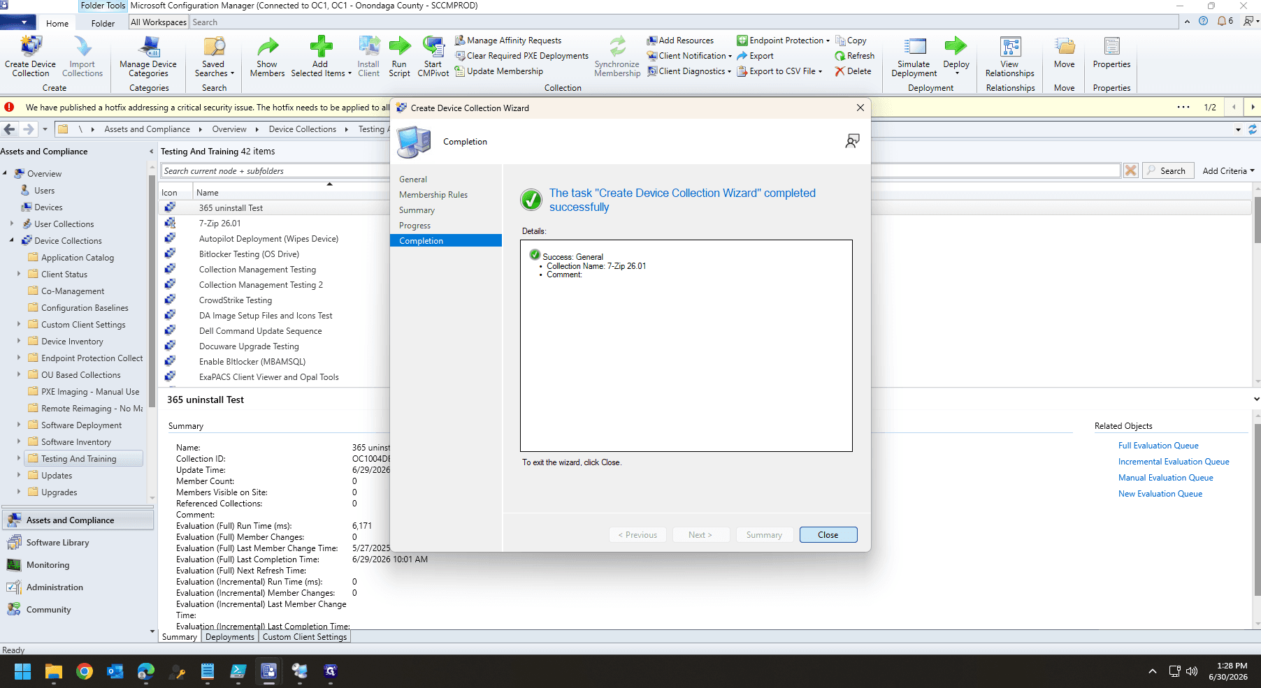 Step #37: Click Close to finalize the creation of the empty device collection.