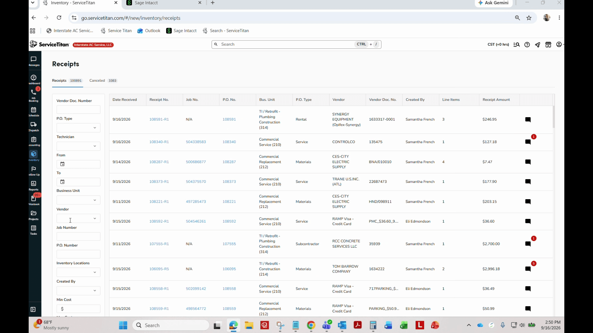 Step #2: Filter the receipts list by the specific vendor named on the statement.