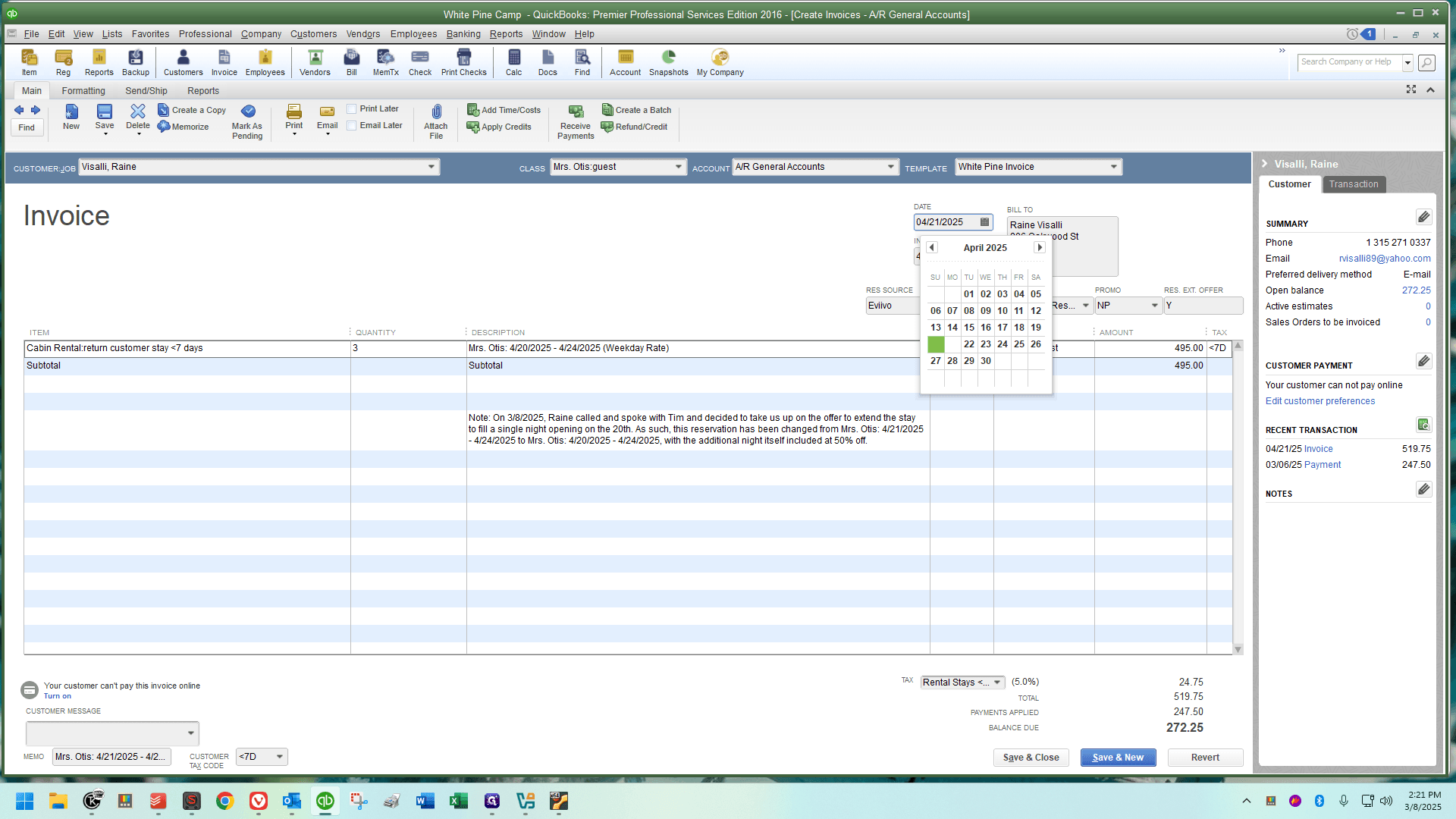 Step #18: Change the invoice date to the new check-in date