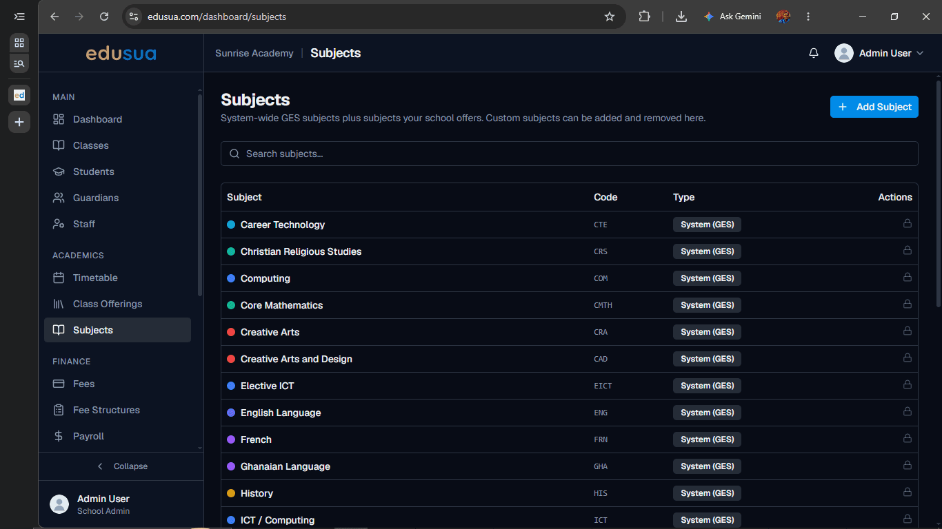 Step #1: Click + Add Subject on the Subjects page.