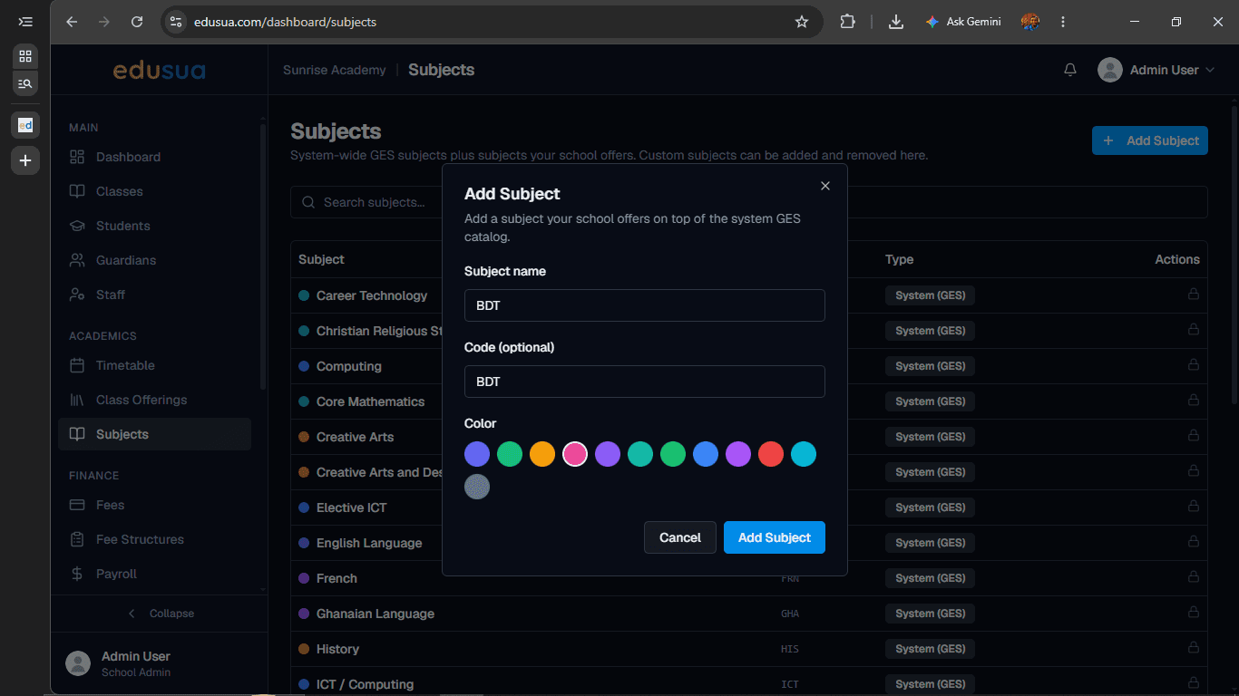 Step #5: Click Add Subject to save the new subject.