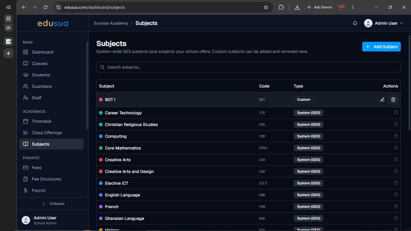 Step #10: Click the delete trash icon in the Actions column for the subject you want to remove.