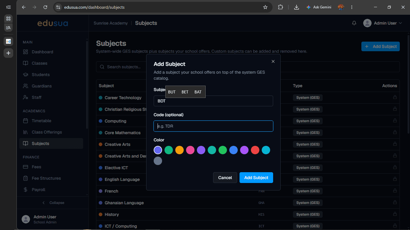 Step #3: Click the Code (optional) field and enter a subject code if needed.