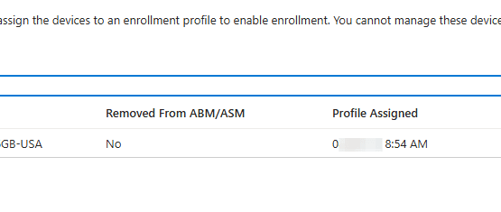 Step #16: Click in the "Search by serial number" search box. Type in the serial number you copied in step 3. If the device is not listed, proceed to step 17. If the device is found, verify a date/time is listed under "Profile Assigned". If so, then you are done and do not need to follow the remaining steps.
