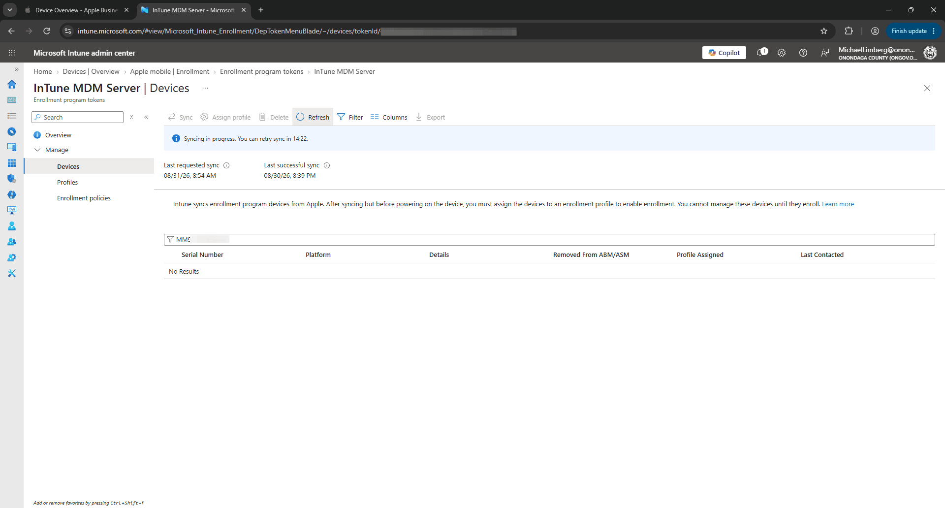 Step #18: Click on Refresh to update the device list once synchronization completes. With the serial number still in the search box, verify a date/time is listed under "Profile Assigned".