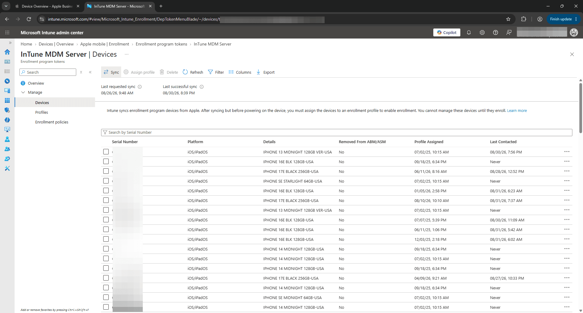 Step #17: Click on Sync in the top toolbar to fetch newly assigned devices from Apple Business Manager.