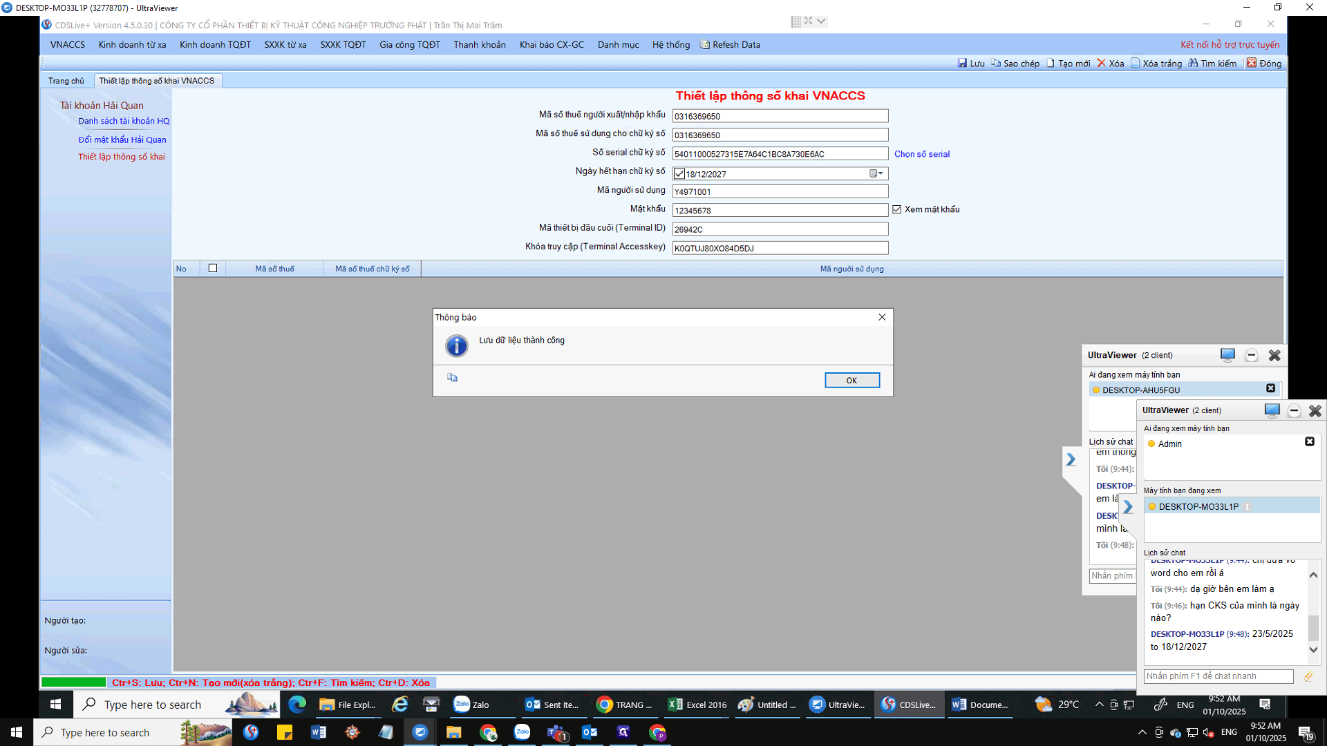 Step #7: Thông tin đã được lưu -> click "OK"