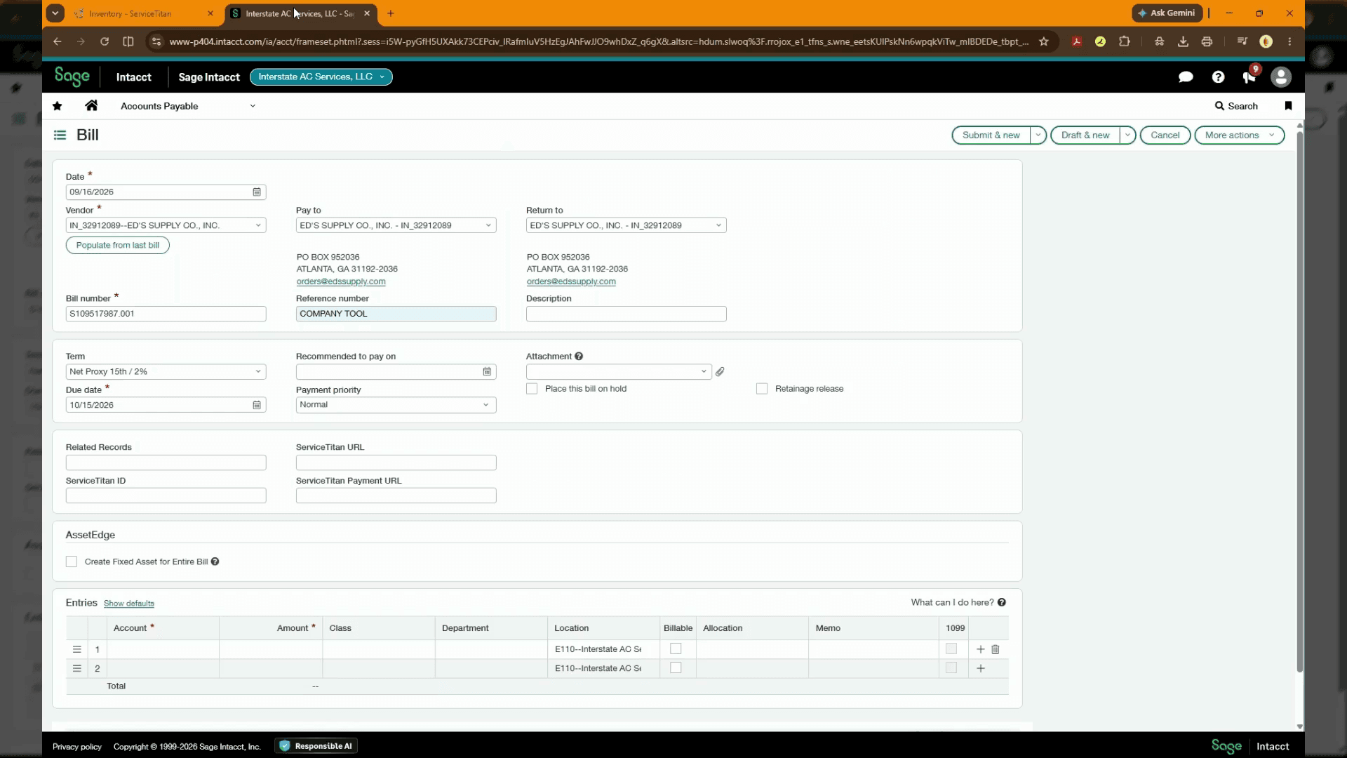 Step #1: Switch to the Accounts Payable tab in Sage Intacct - Select Bill
