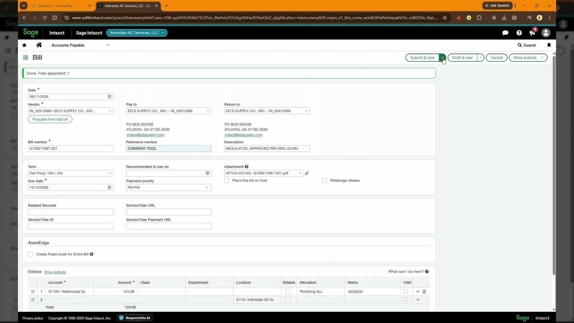 Step #4: Click Submit and New in the top right corner of the Bill form.